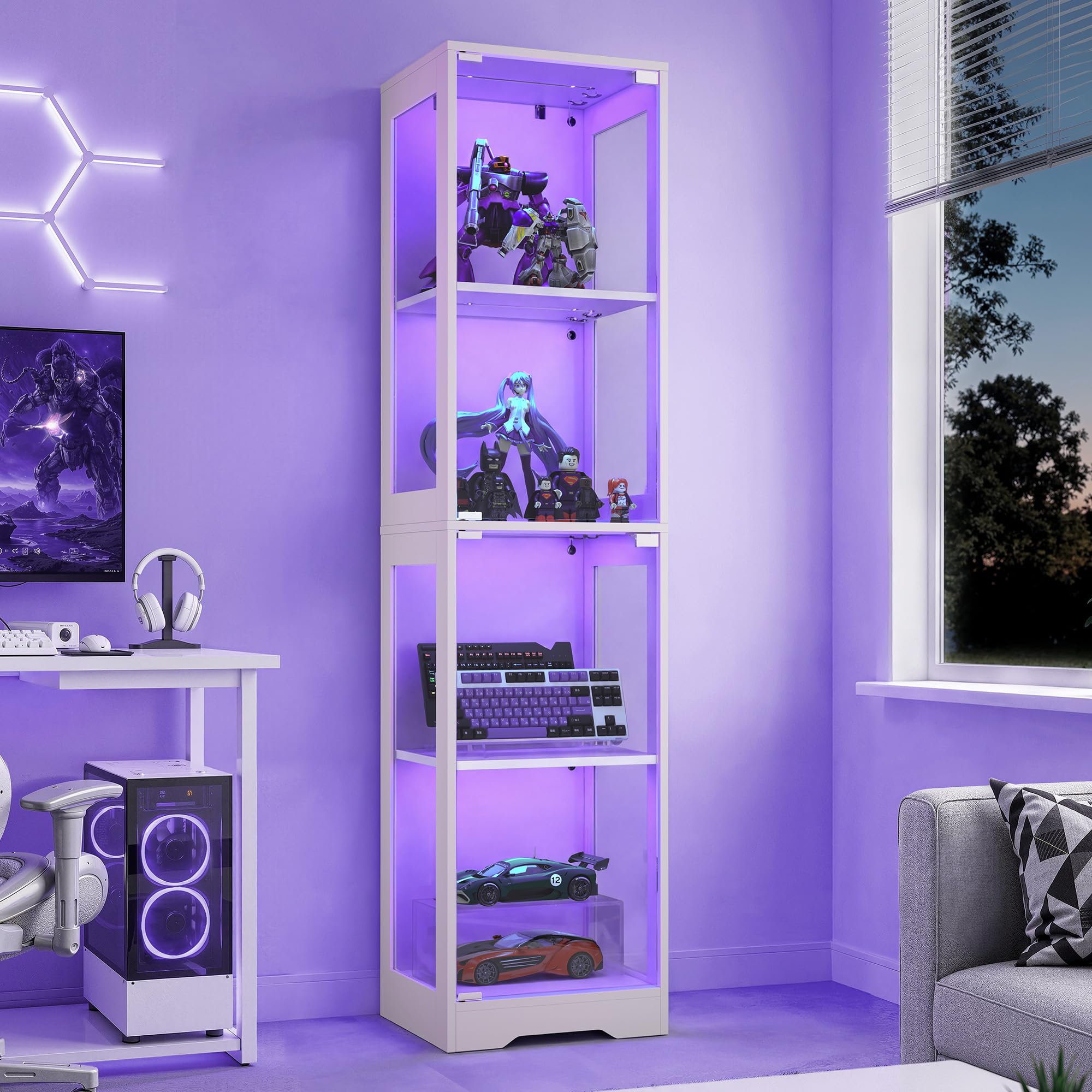 LUE BONA Glass Display Cabinets with RGB LED Light, Single Door, White