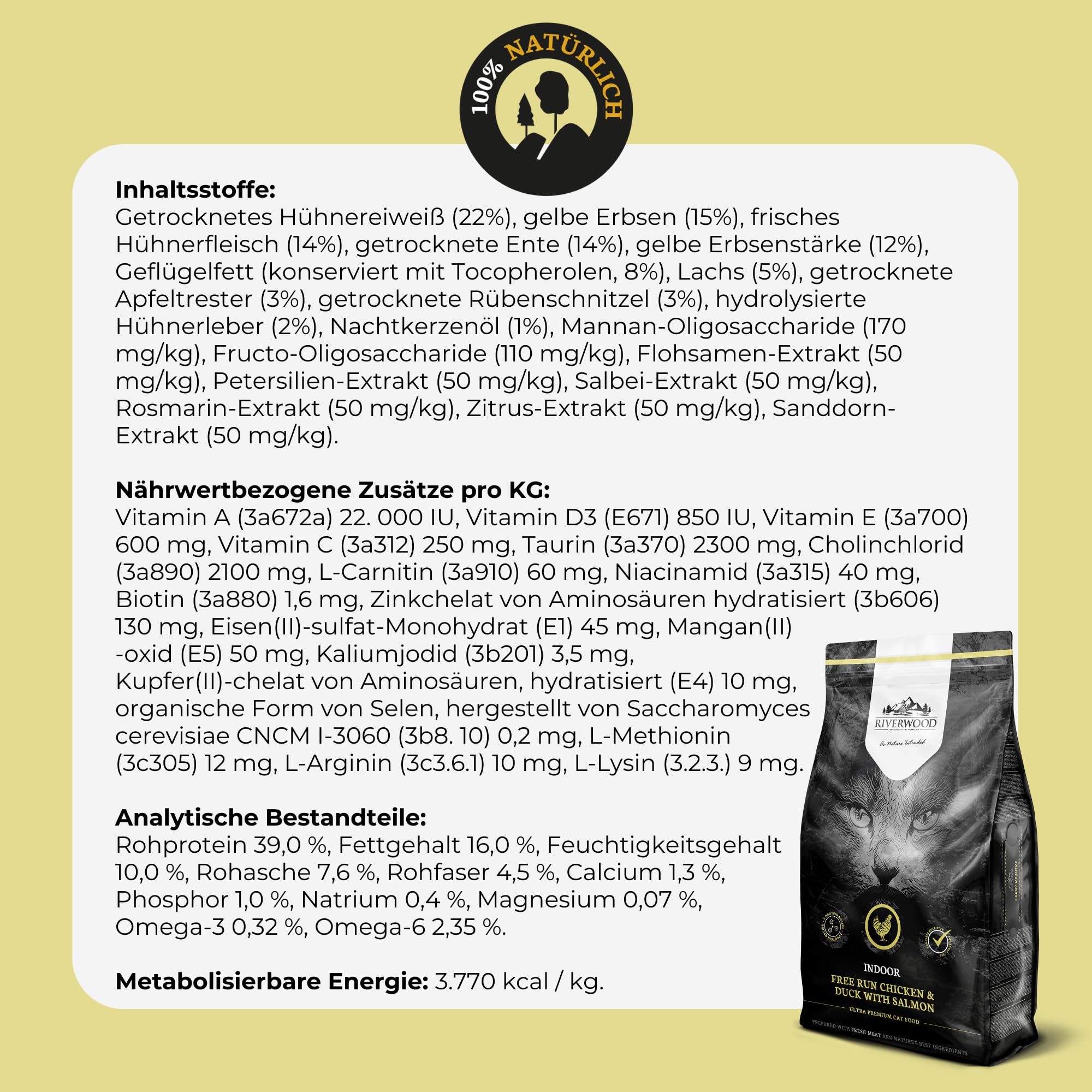 Riverwood Indoor Katzenfutter | Huhn & Ente mit Lachs | Ultra Premium Getreidefreies Trockenfutter | Hoher Fleischanteil | für Erwachsene Hauskatzen | 6 KG