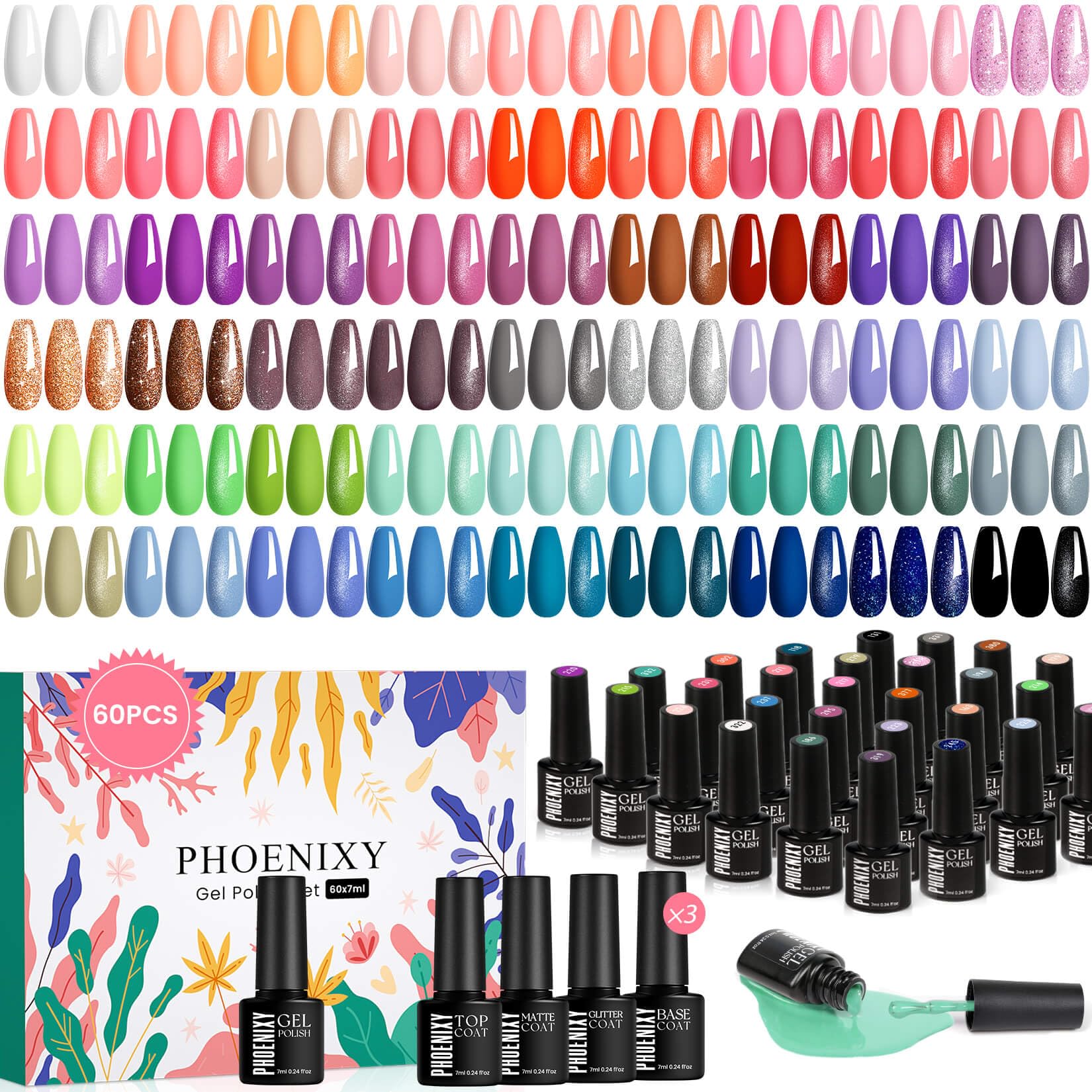 Phoenixy UV Nagellack Set, 54 Farben Gellack mit Base, Top, Matt & Glitzer Coat, Rosa Blau Lila Gel Nagellack UV, Nageldesign für Zuhause, Geschenk für Frauen