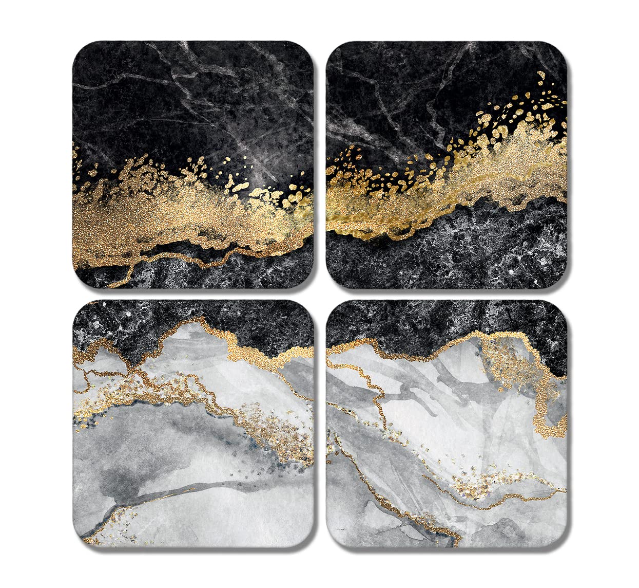 4 x Square Black Gold Coasters - Marble Effect Agate Art Deco Jigsaw Gift #78311