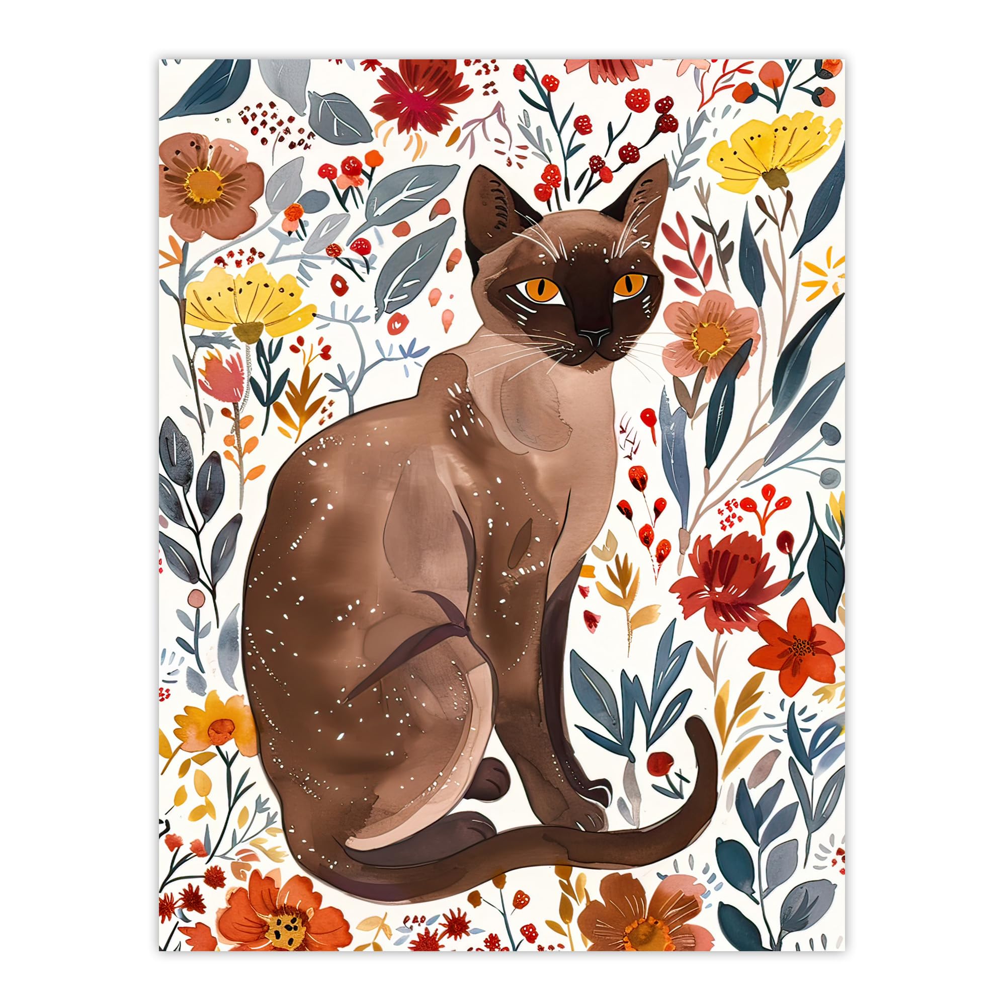 Artery8 Burmese Cat Lover Watercolour Autumn Wildflowers Living Room Large Wall Art Poster Print Thick Paper 18X24 Inch