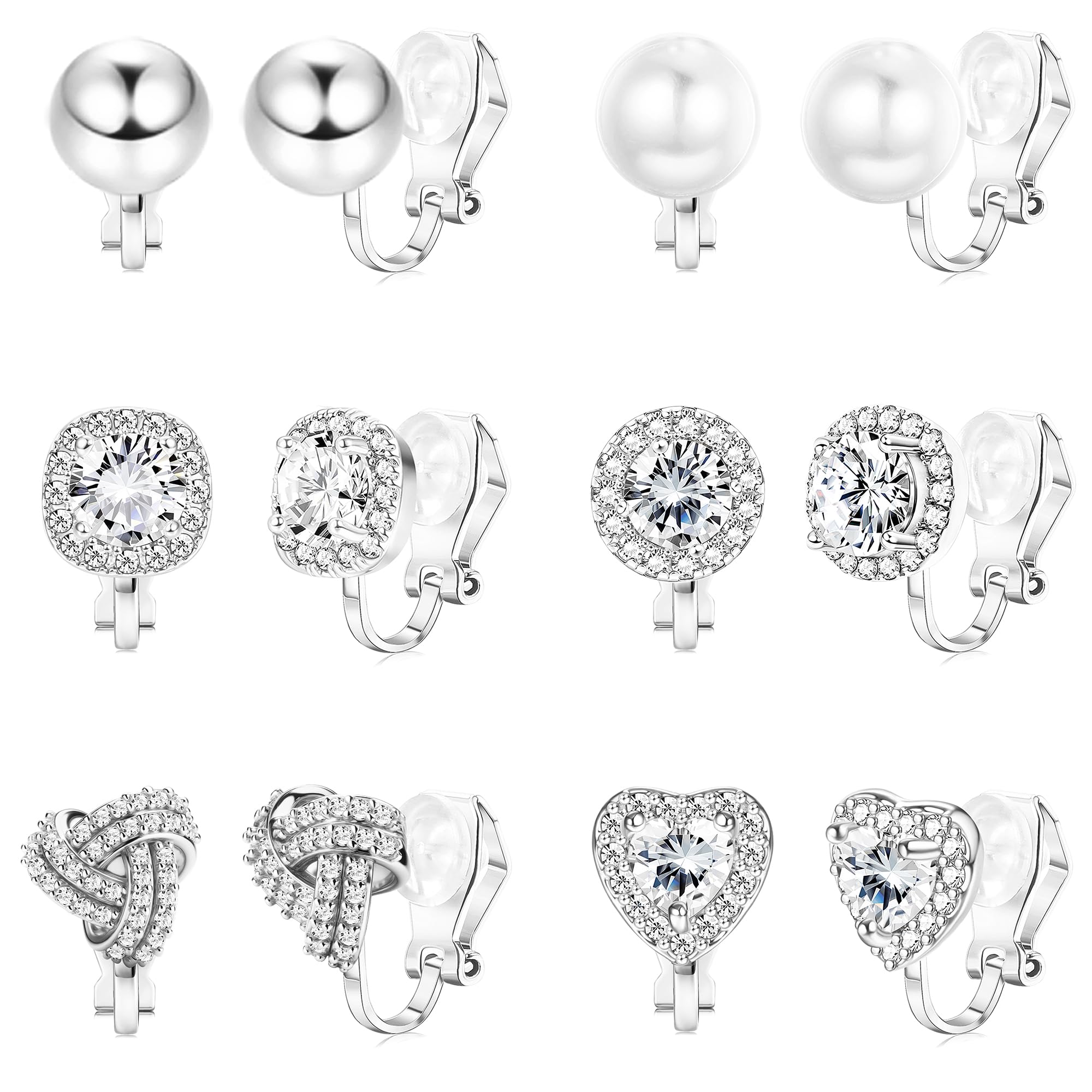 Florideco Clip on Earrings for Women 14K Gold Plated Cubic Zirconia Clip On Stud Earrings Non-Pierced Twist Knot Simulated Pearl Heart Earring Set