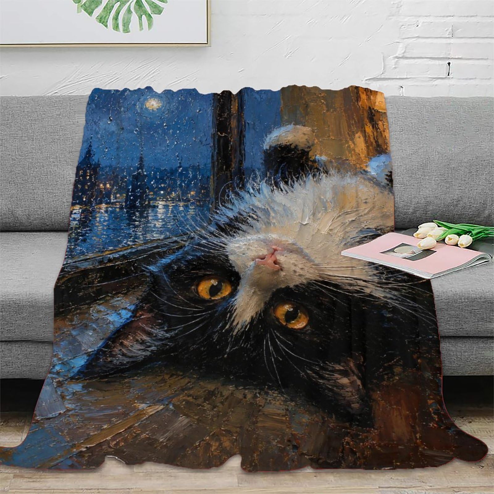 H3B8U2Y5 Tuxedo Cat Night Window Throw Blanket, Flannel, Whimsical Cat Art