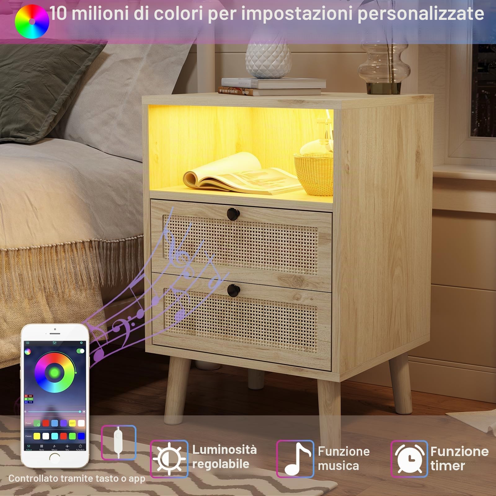 AOGLLATI Comodino Rattan Set di 2 con 2 Cassetti e Scomparto Aperto, Comodino Piccolo con Luci LED, Comodini in Legno Tavolo Laterale Stretto con Gambe in Pino per Soggiorno, Camera da Letto