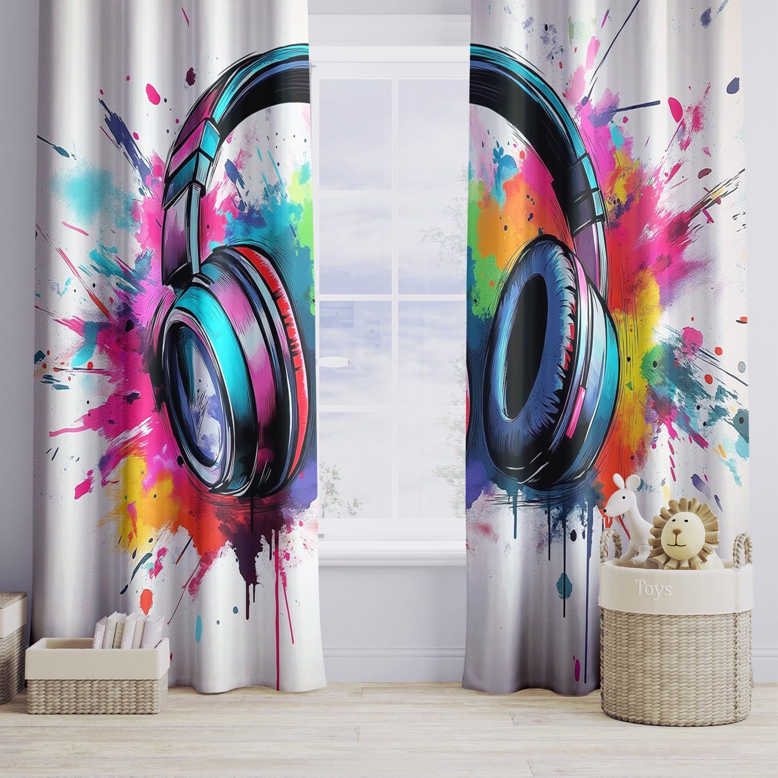 Bedruckte Verdunkelungsvorhänge mit Ösen, Graffiti Kunst Kopfhörer Blickdicht Thermo Isoliert Vorhänge, Privatsphäre Schützende Gardinen für Schlafzimmer Wohnzimmer, 2er Set H 214 x B 91.5 cm