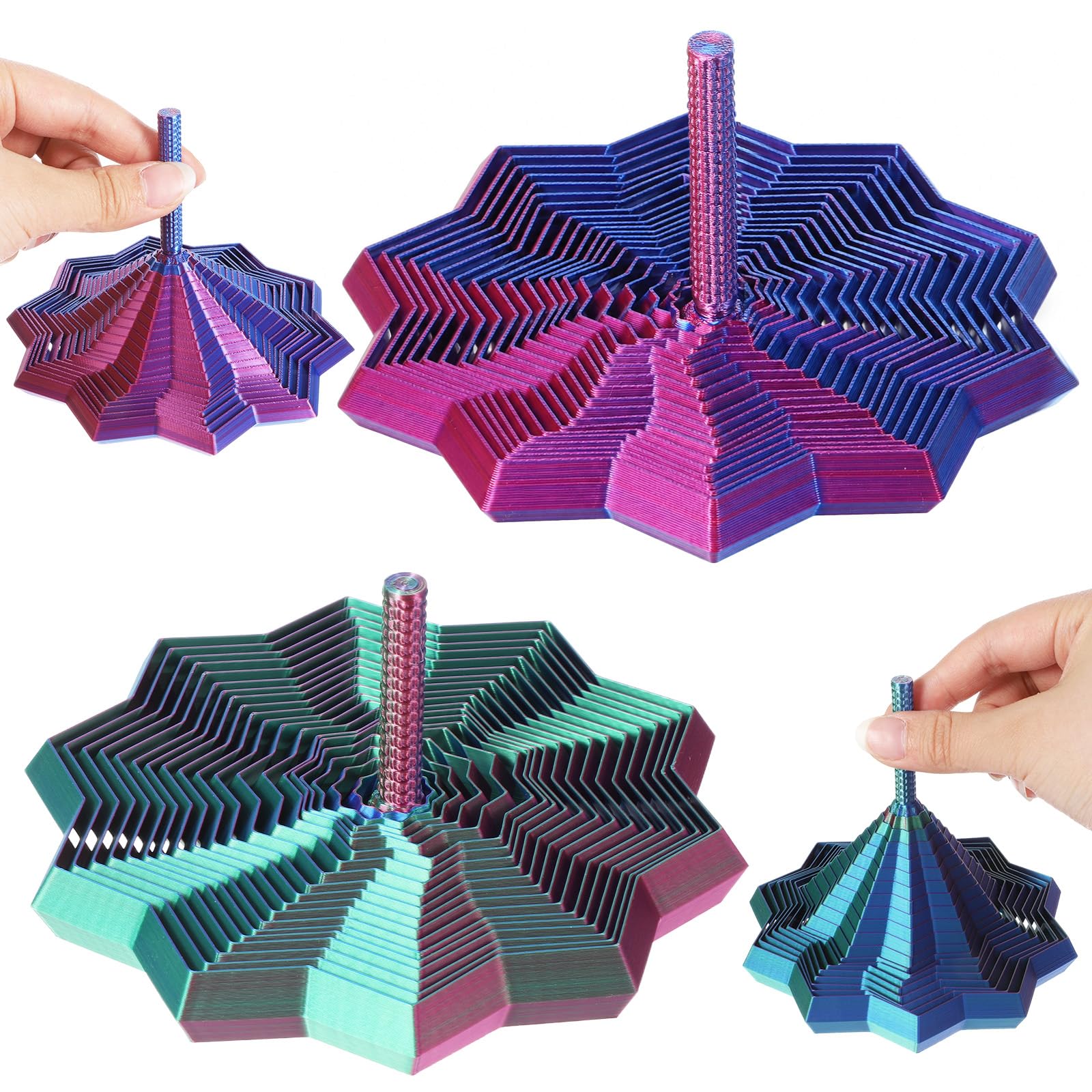 Hadnves 2 Pcs 3D Printed Expanded Sensory Fidget Star Expandable 4.3 Inch Fractal Fidget Toys Colorful Octagonal Whirling Spiral Decompression with Handle for Stress Relief Office Desktop ADHD
