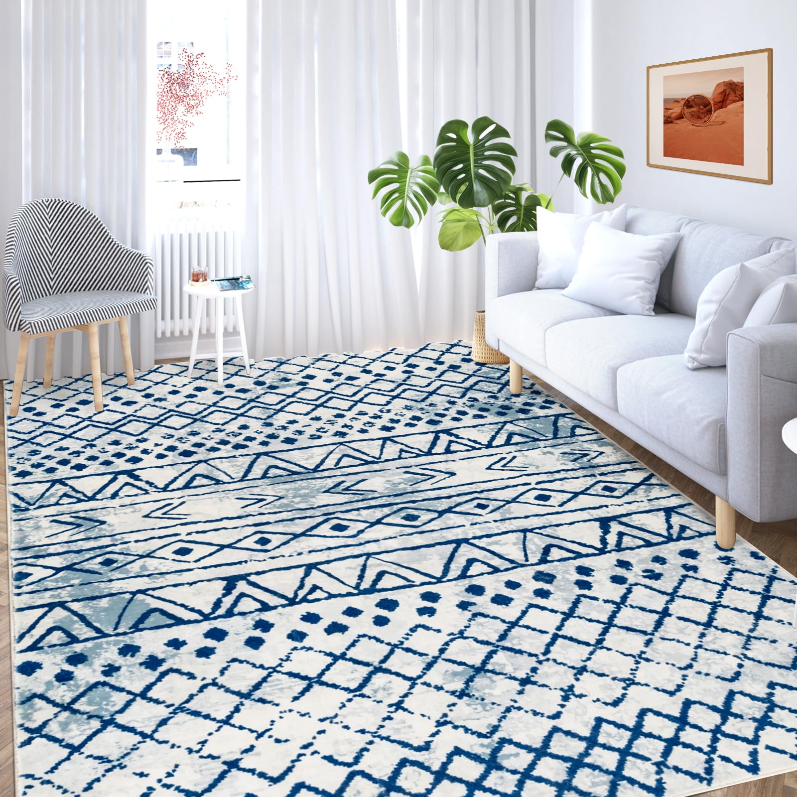 5x7 Washable Large Area Rugs for Living Room Non Slip Boho Moroccan Bedroom Rug Indoor Farmhouse Geometric Floor Mat Soft Low Pile Woven Carpet for Under Dining Table Office Playroom(Blue)