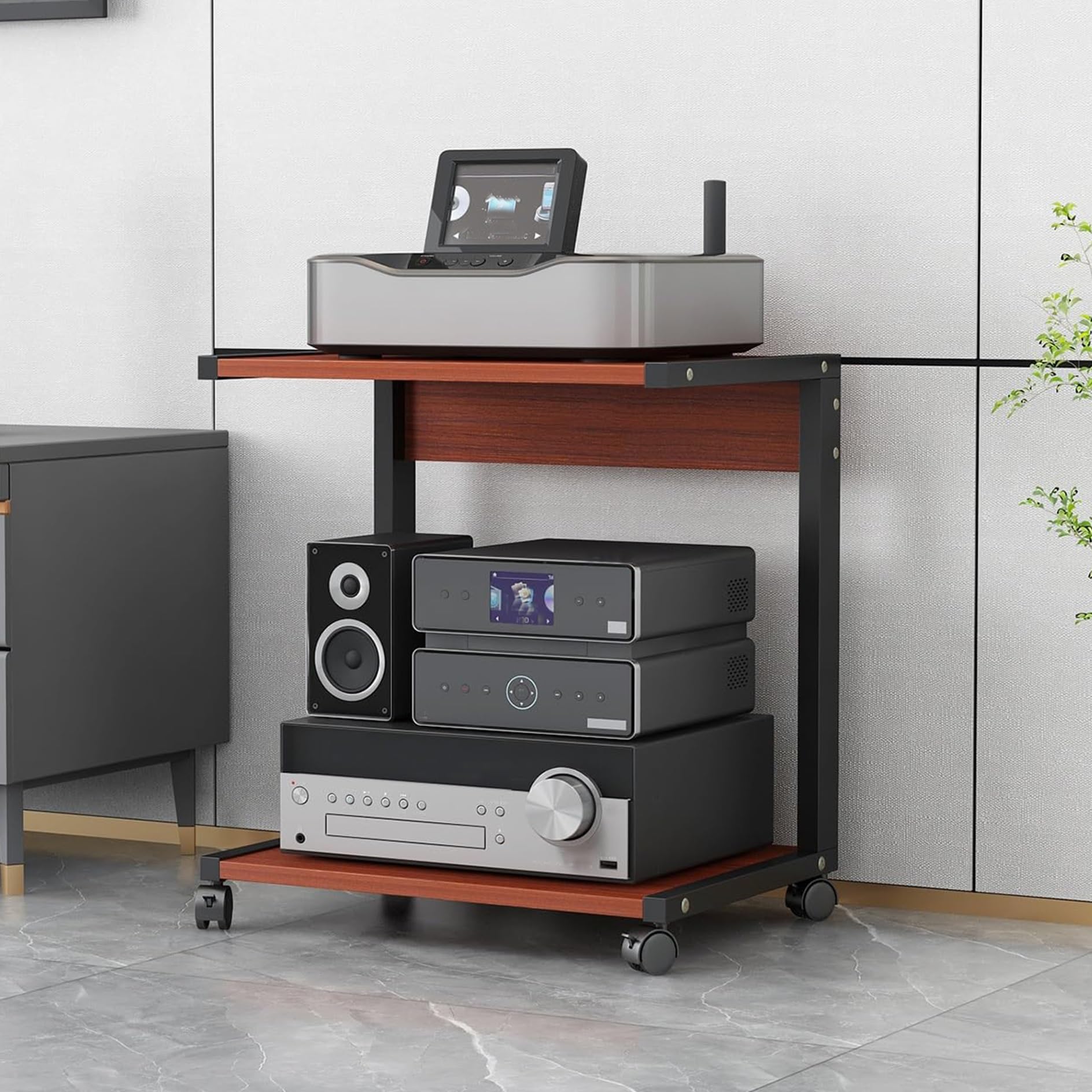 CWCQGH Modern Media Stand with Wheels 2 Tier Wooden Audio Video Shelving Stereo Rack & Corner Entertainment Center for Living & Gaming Room,Teak-50x40x60cm