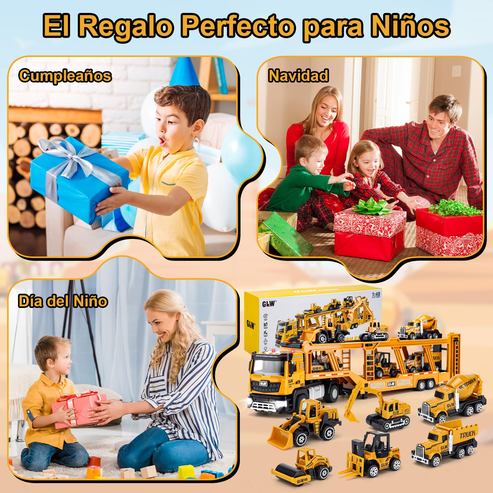 Juguetes para Niños 3 4 5 6 7 Años: Camión de Construcción con Luz y Sonido, Juguetes Didácticos y de Entretenimiento Incluye Excavadora, Bulldozer, Hormigonera, Regalo para Niños de 3 a 7 Años