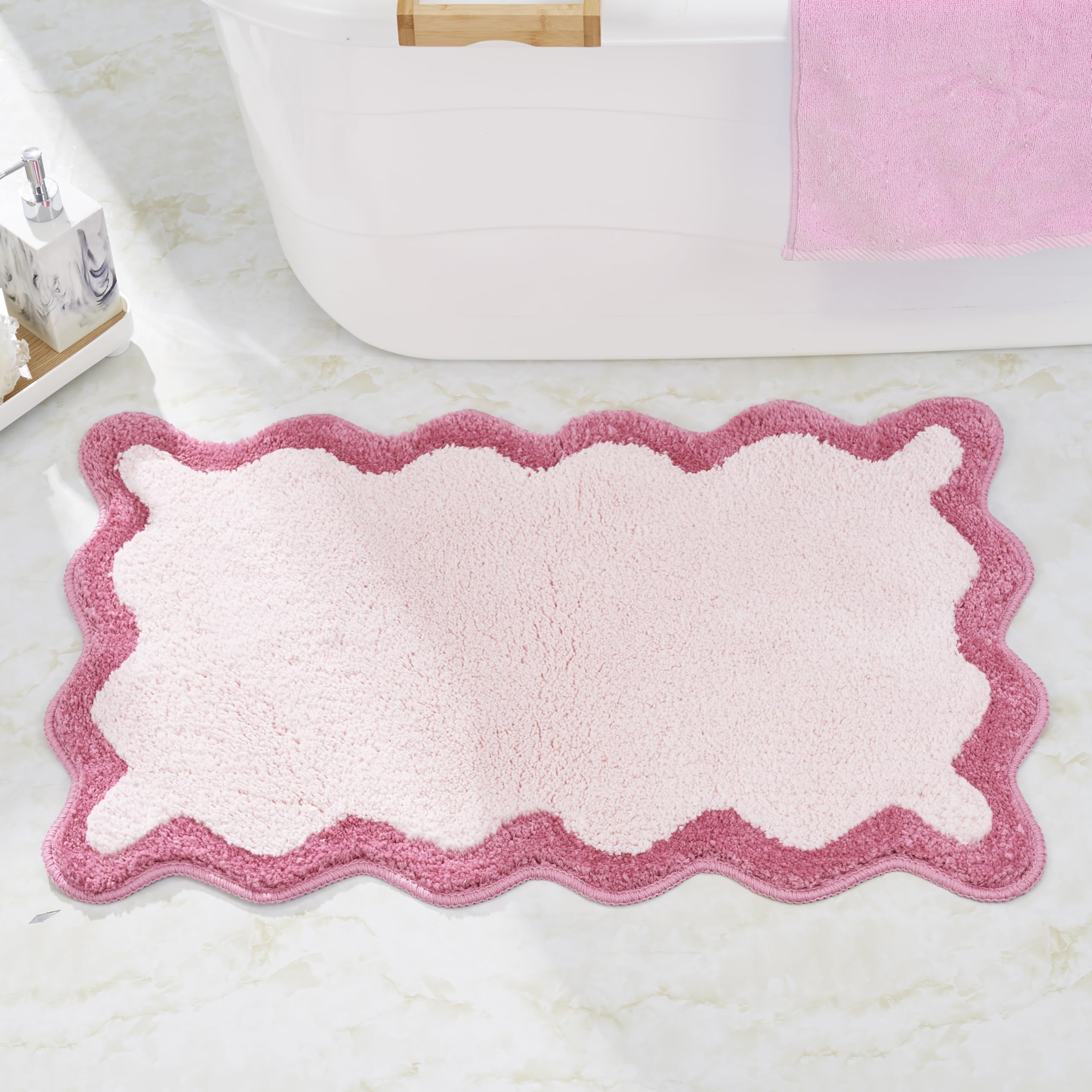 DyeFury Luxury Cute Bathroom Rugs, White Bath Mat W/Hot Pink Scalloped Edge, Microfiber Aesthetic Trendy Funky Fun Preppy Rug, Extra Soft Bathroom Mat