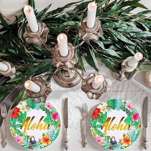 Miniatura 4 de Whaline Platos de papel, desechables de 9 pulgadas, diseño tropical hawaiano Luau, 40 unidades, fiesta de verano, baby shower, decoraciones de