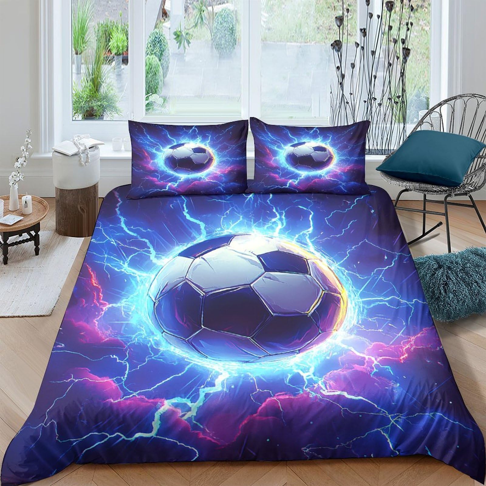 Ctjqhvkz Style-4 3D Printed Electric Soccer Fitted Sheet Microfiber Blue Lightning Bed Cover For Bedroom Dorm Decor Mattress Protection Single（135X200cm）