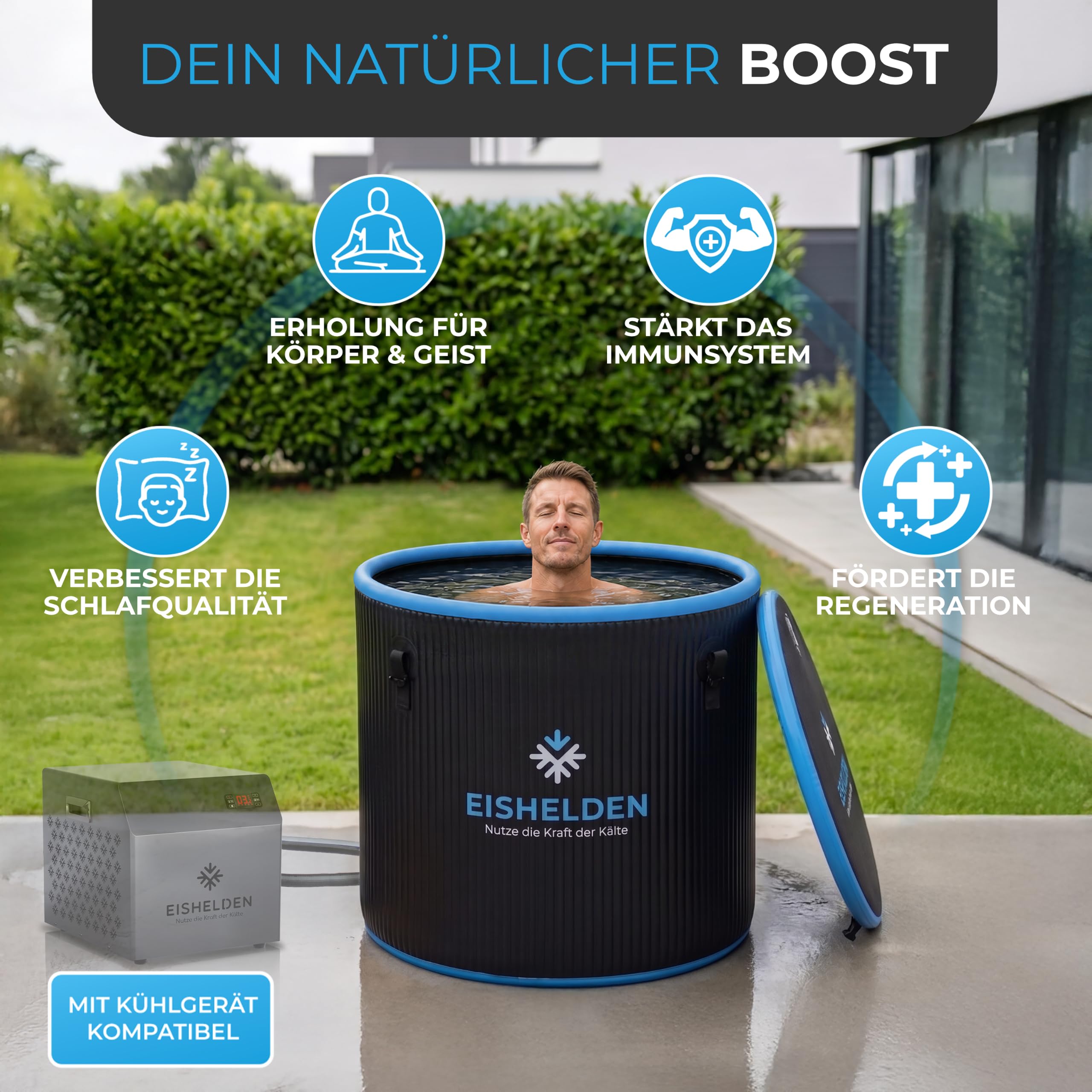 Eisbad Pro Modell (90 cm Ø) Komplettset - Kryotherapie für Sportler & Profis, erleben Sie die regenerative Kälte zu Hause - Eistonne mit 5 cm dicken Isolierschicht