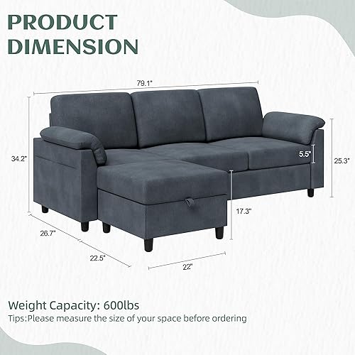 Miniatura 2 de Vongrasig Sofá modular convertible, sofá en forma de L de 3 asientos con almohadas extraíbles, tela de lino, sofá pequeño de mediados de siglo para