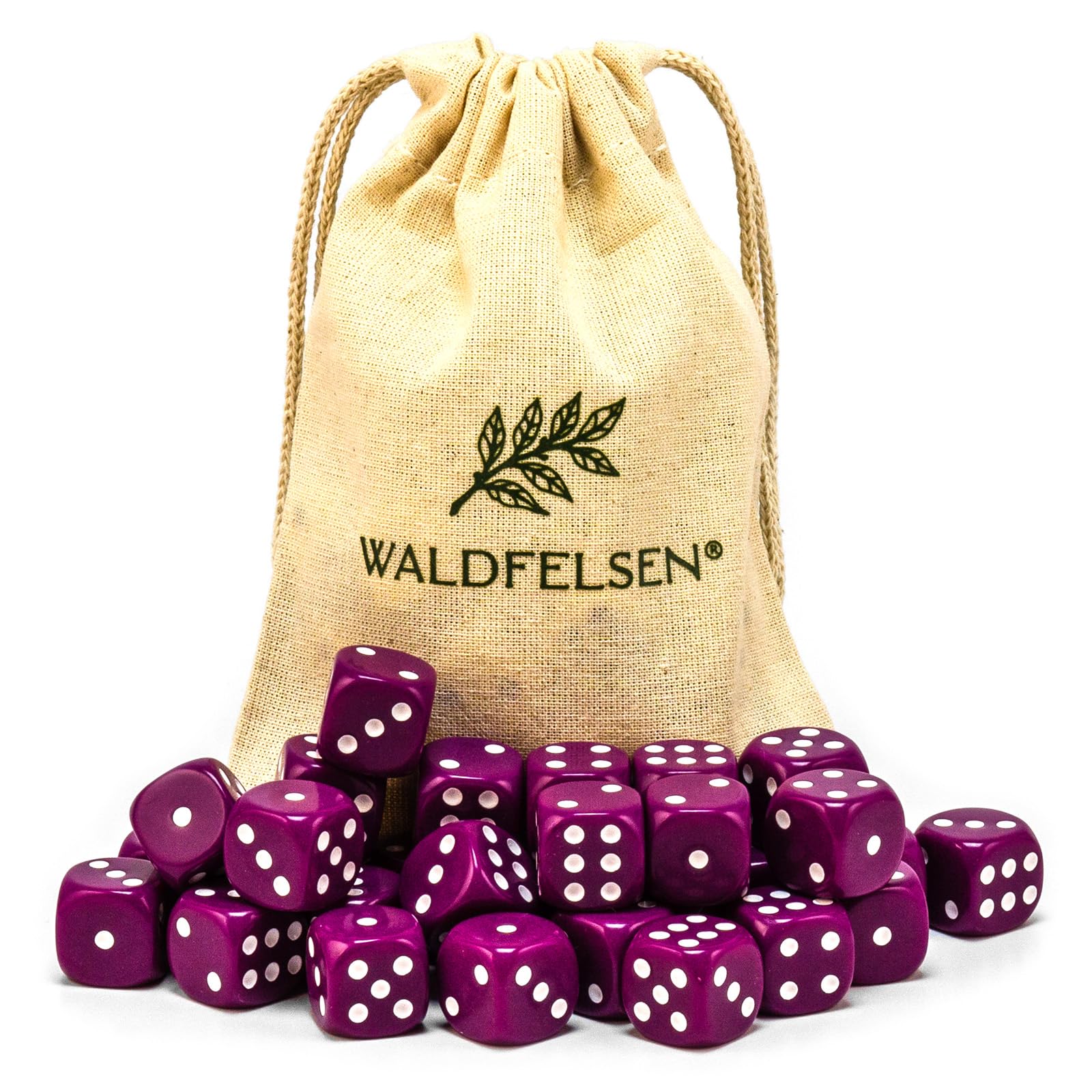 Waldfelsen® Waldfelsen® 6, 12, 20, 30 or 50 x High Quality Dice Set of 6, 12, 20, 30 or 50 x Standard Size 16 mm Acrylic Cube Button Game Cube Dice 6 Sides Game Accessories with Cloth Bag (Purple,