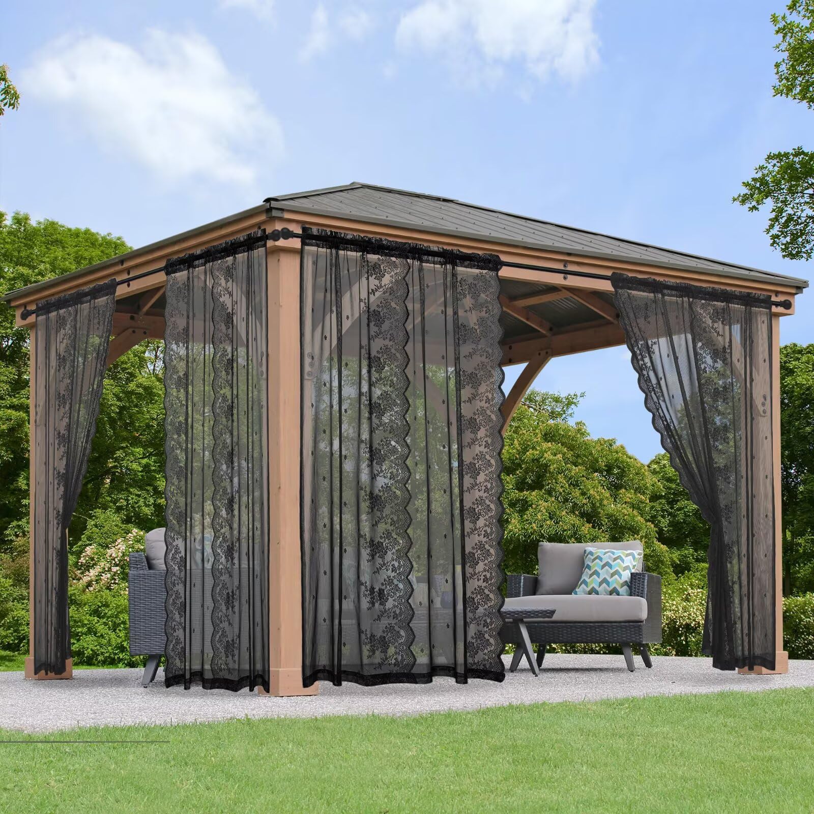 KYMRose Outdoor Sheer Lace Curtains for Patio, 2 Panels Waterproof Rod Pocket Outside Country Rustic Sheer Curtain for Gazebo, Porch, Pergola, Black 54W x 84L inches