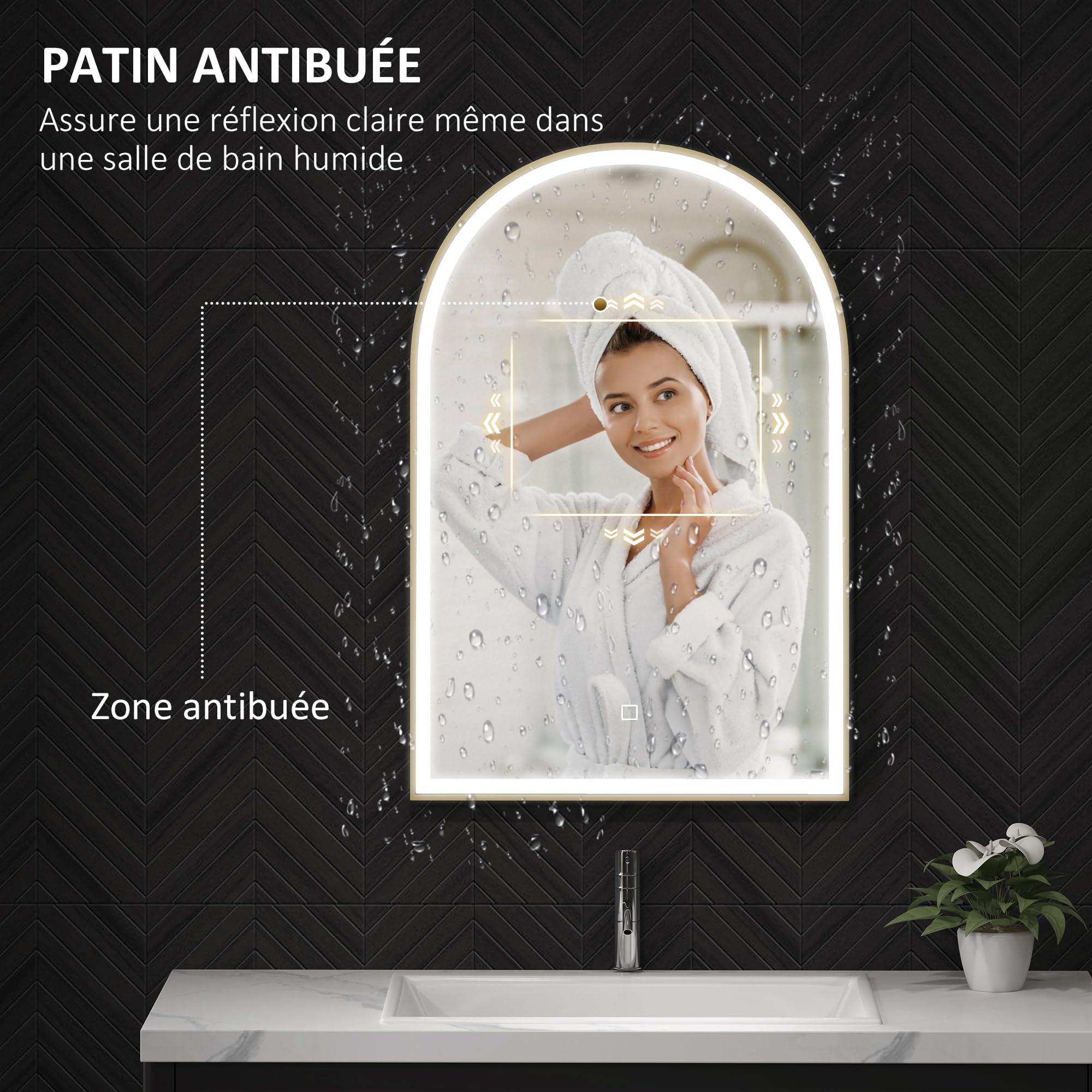 HOMCOM Miroir Salle de Bain avec éclairage LED 90 x 60 cm, Miroir Mural arqué, lumière réglable 3 Couleurs, Anti-buée, mémoire, Interrupteur Tactile, Miroir Salle de Bain, Cadre en Aluminium, doré