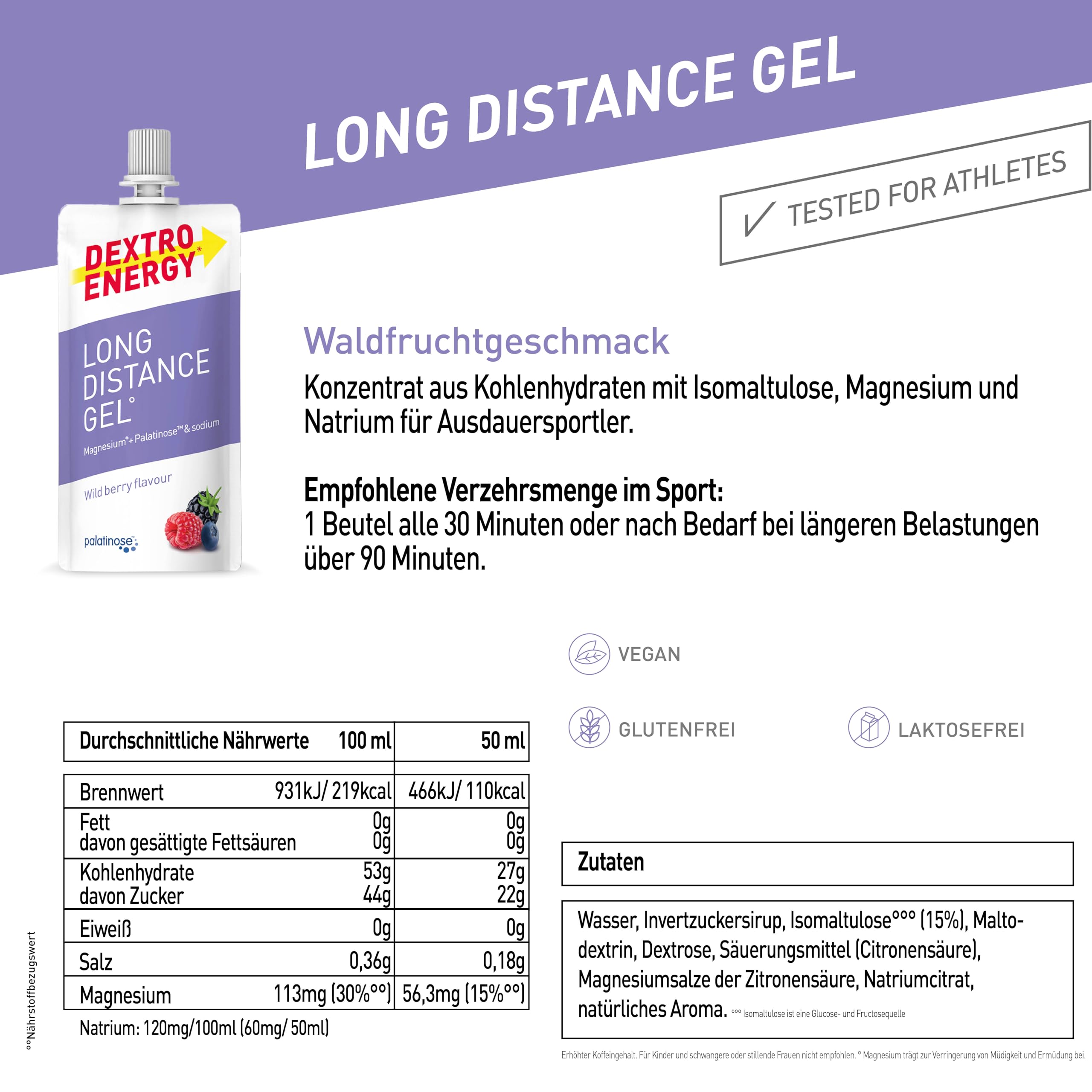 Dextro Energy Long Distance Gel Wildberry + Magnesium und Natrium - 12x50ml (12er Pack) - High Carb Energy Gel mit Palatinose und Elektrolyte