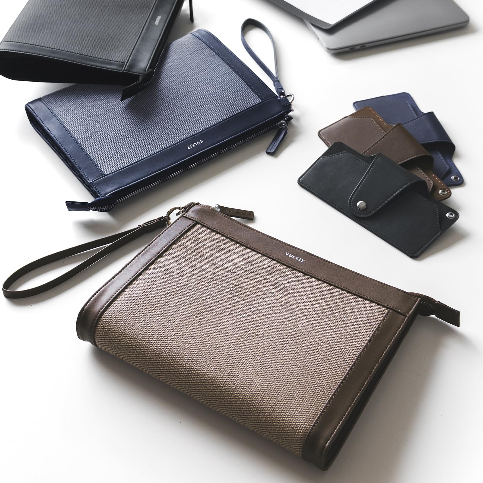 VULKIT Bolso de mano para hombre, con funda extraíble para gafas, cartera grande con cremallera, bolso de negocios, azul marino, Medium