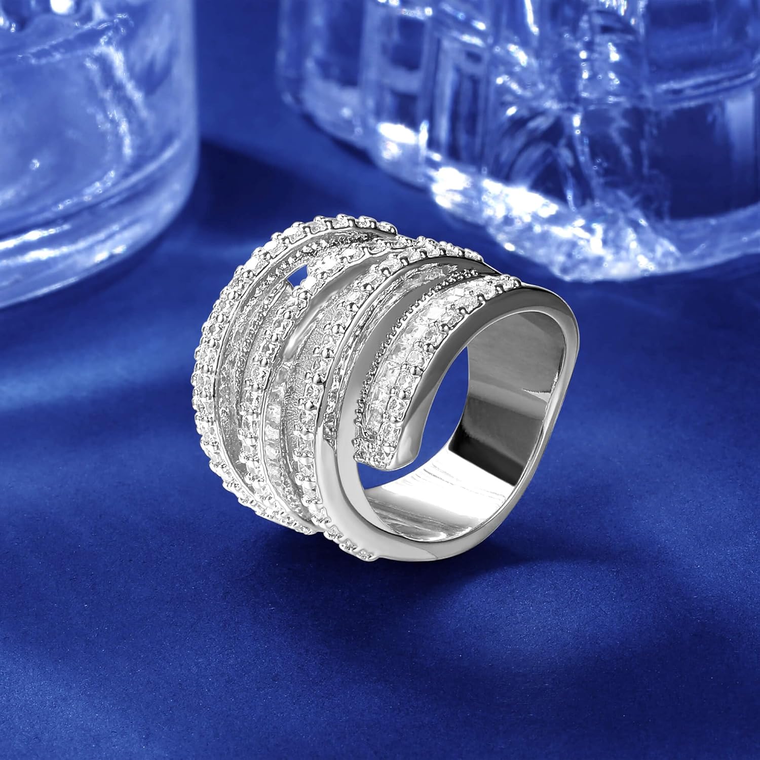 MDFUN 4 Rows Emerald Cut Cubic Zirconia Rings 18K White Gold/Yellow Gold Plated Statement Halo Eternity Wedding Ring Baguette Band for Women Size 5-10 - Image 6