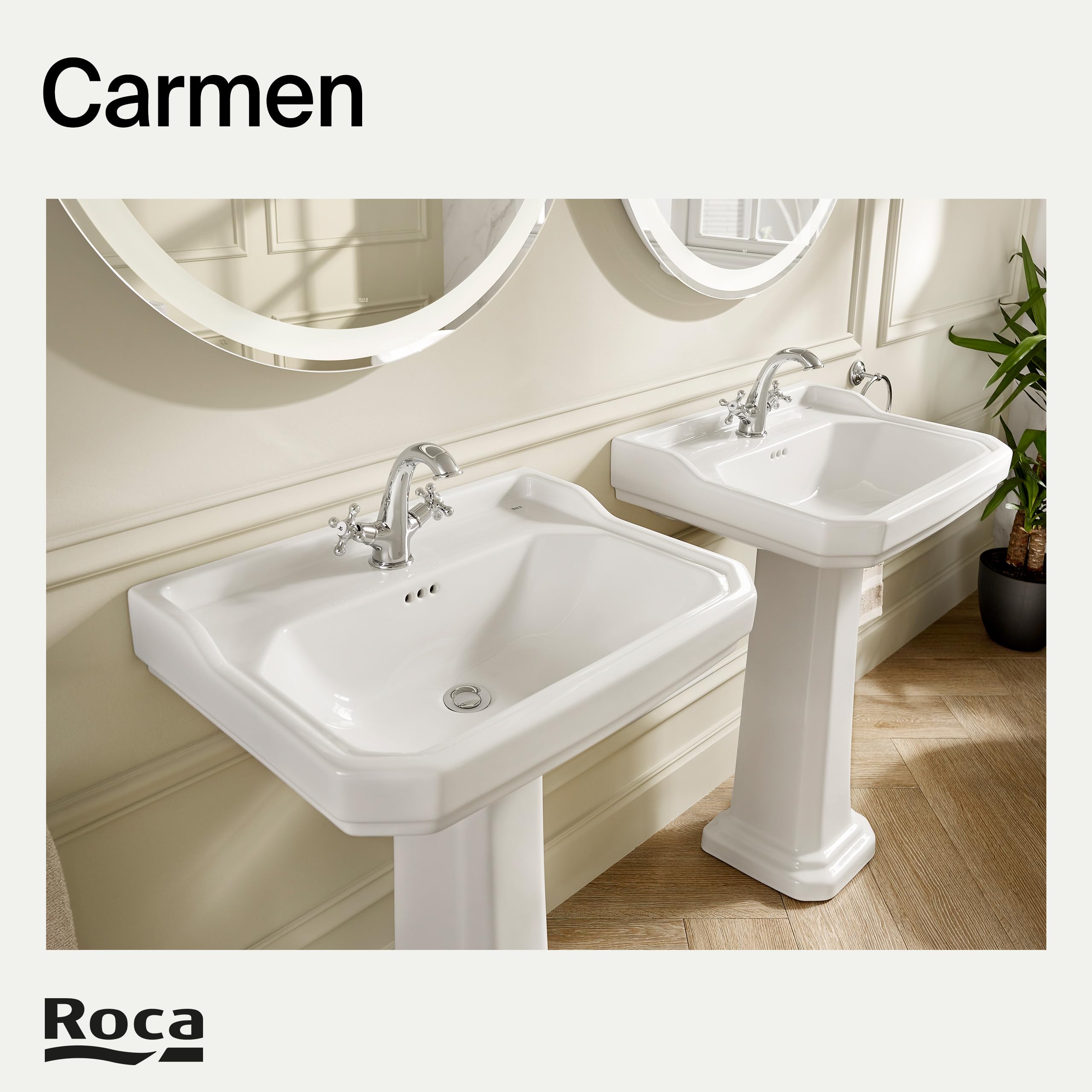 Roca Carmen Grifería para lavabo retro de fácil instalación, grifo bimando vintage con enlaces de alimentación flexibles, mezclador para cuarto de baño con desagüe click-clack, cromado, A5A3A4BC00