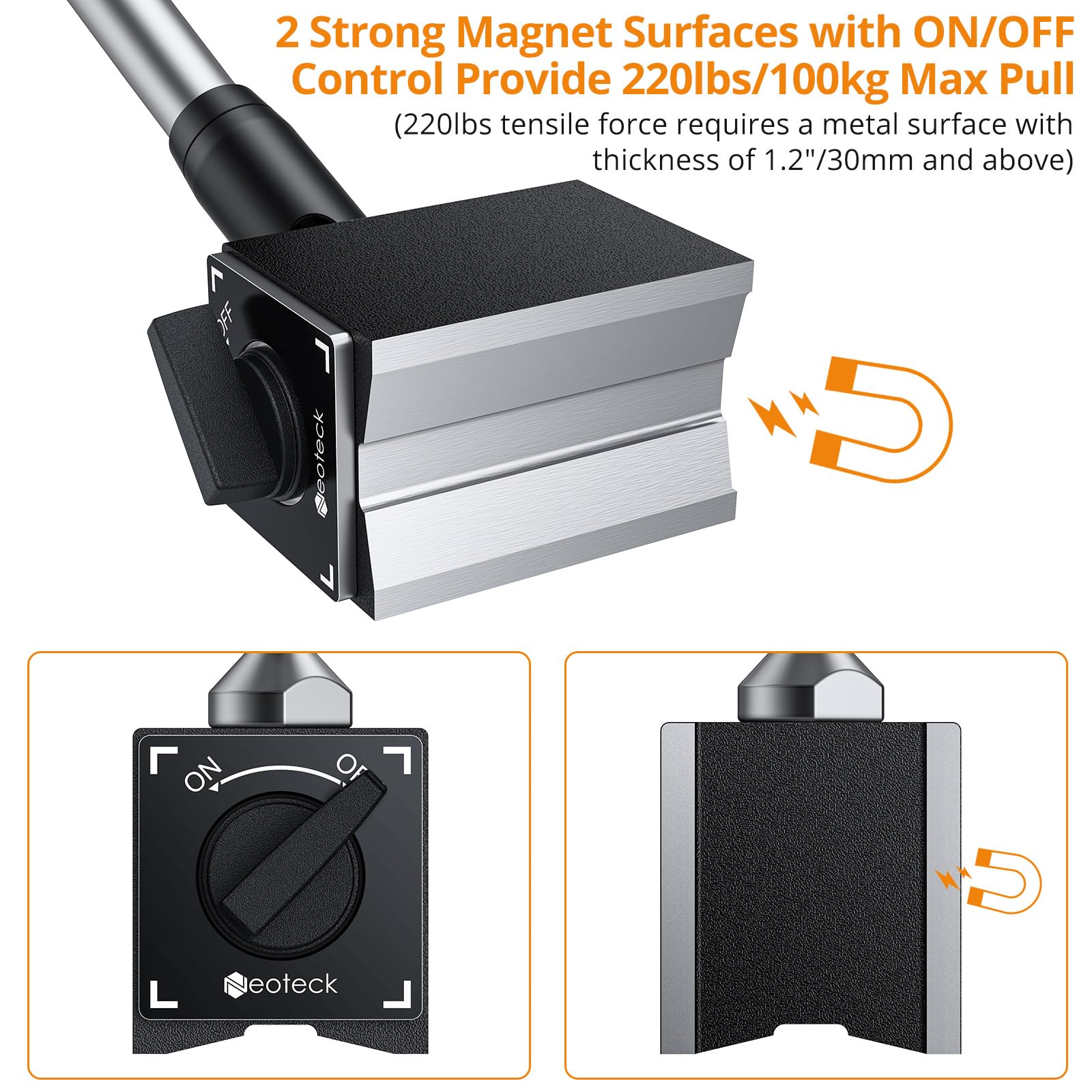 Neoteck Base Magnética para Reloj Comparador Soporte de Base Magnético Flexible para Indicador de Dial Digital 100kg Max Base magnética Ajustable con Interruptor de ON/OFF con Sujeción Central
