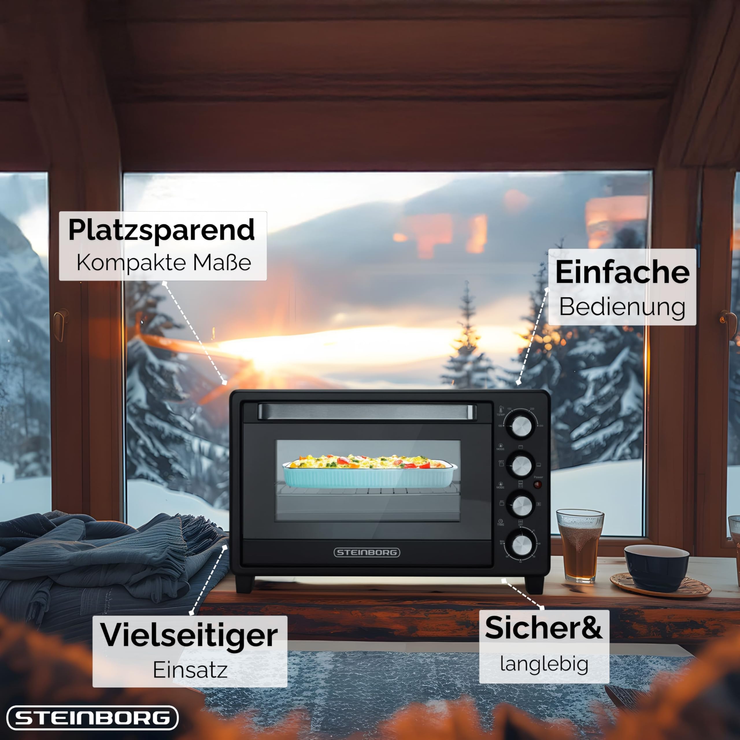 Steinborg® 35 Liter Mini Backofen mit Umluft & Drehspieß Krümelblech Ober- und Unterhitze 1.600 Watt Miniofen mit Timer kleiner Backofen freistehend stufenlose Temperaturregelung bis 230°C