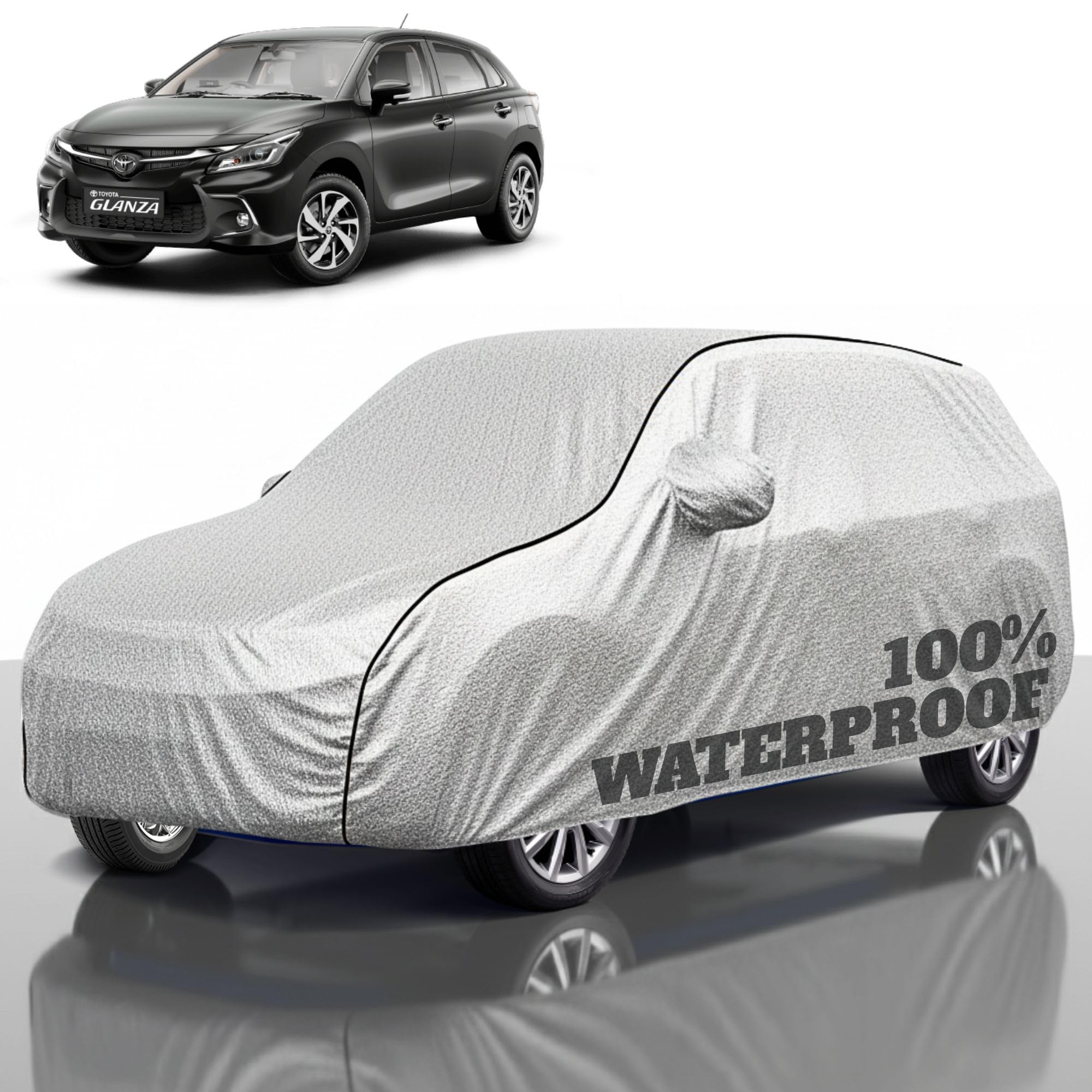 Premium Polyester Car Cover Glanza All-Weather Protection from Rain, Dust &amp; Sun | UV Resistant Fabric | Full Body Secure Fit for Outdoor &amp; Indoor Parking Silver