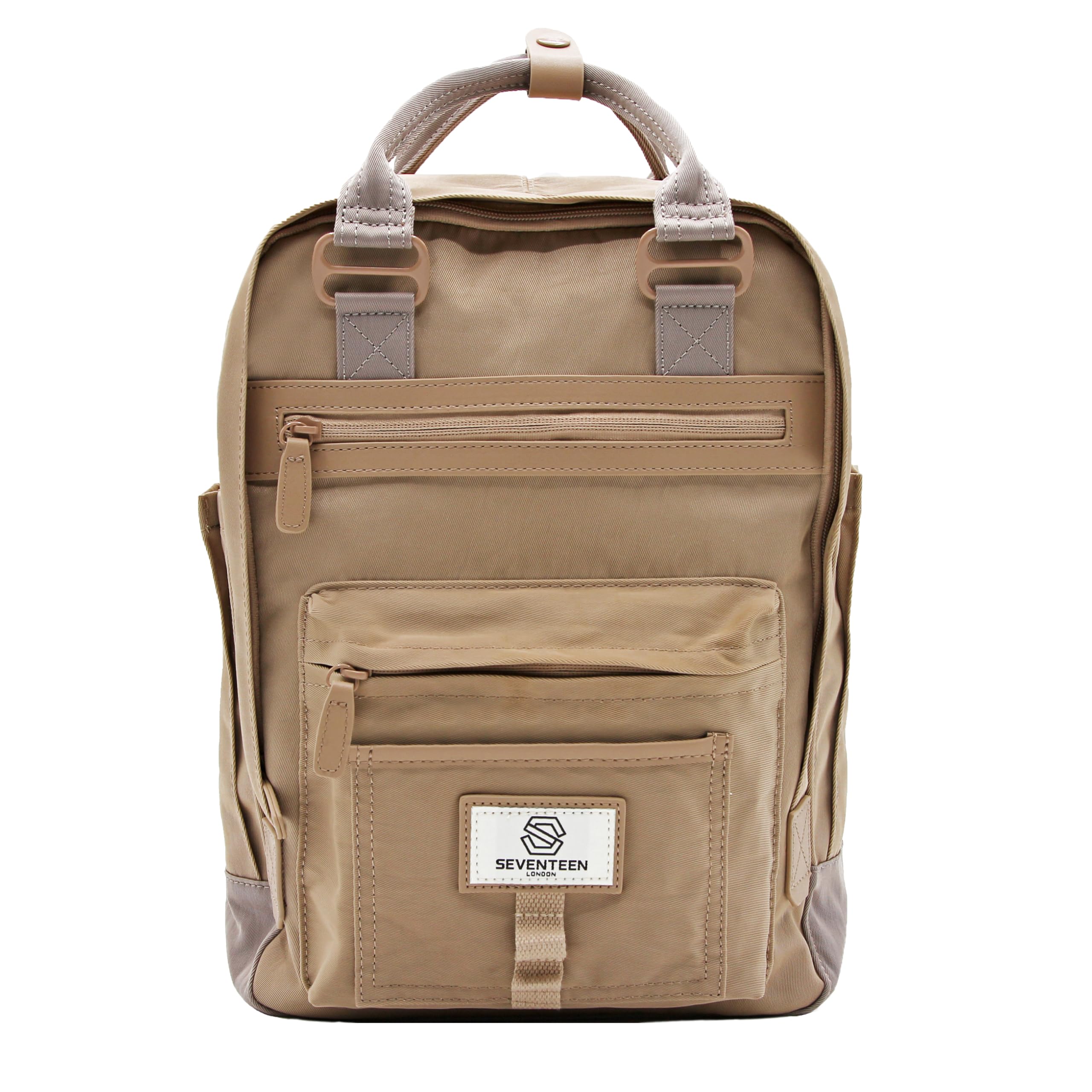 SEVENTEEN LONDON – Modern Urban Unisex Taupe with Lilac 'Wimbledon' Backpack in a Classic Slim Simple Design – Fits Laptop up to 13”