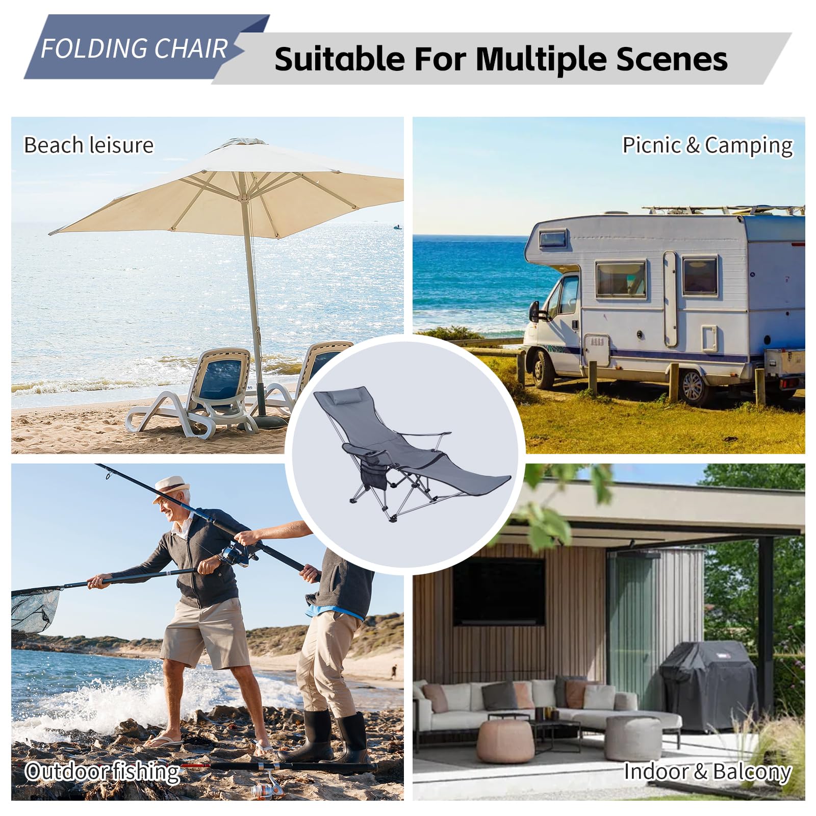 Sedia da Campeggio Portatile Reclinabile, Sedia Pieghevole da Esterno con Poggiapiedi, Poggiatesta e Borsa da Trasporto, Sedia a Sdraio per Spiaggia, Pesca, Giardino (Grigio)