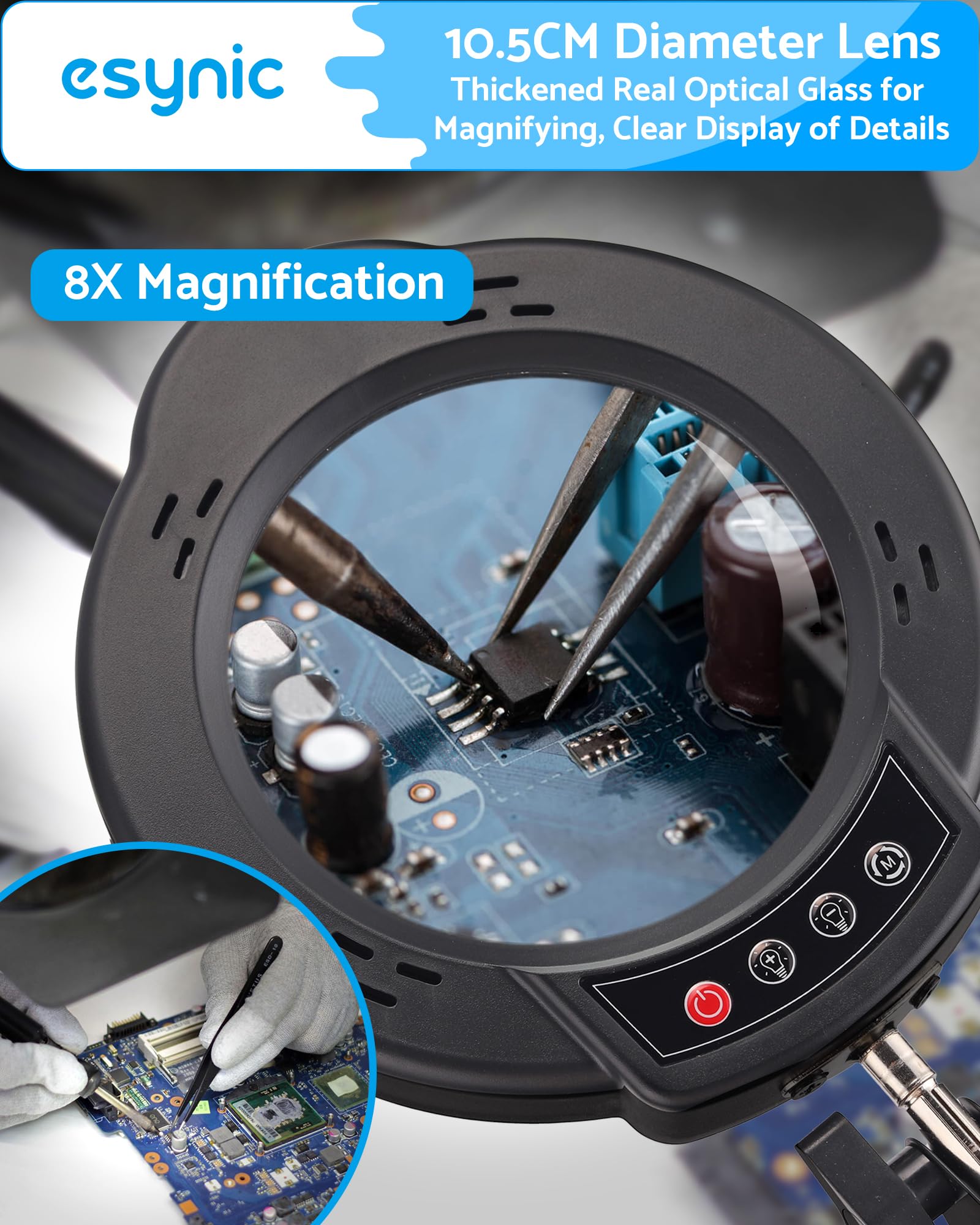 eSynic 10X Magnifier Lamp Desk Magnifying Glass with 84 LED Light Tabletop&Clamp Style with Metal Base, Black - Image 2