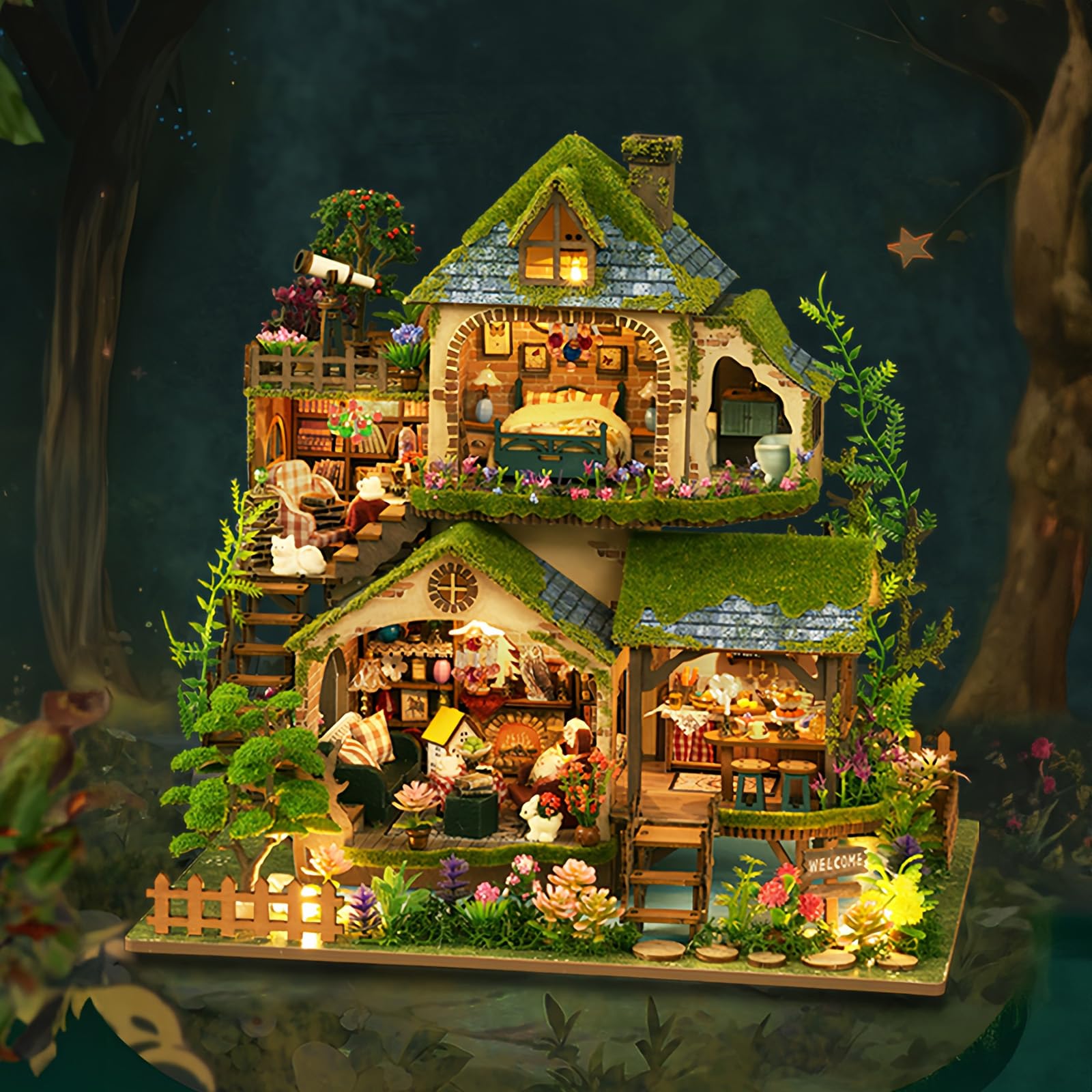 GXNRHG Zestawy miniaturowych domów DIY, mini domek dla lalek z diodami LED, drewniane rękodzieło dla dorosłych Od nastolatków do budowania, urodziny (leśne przygody)