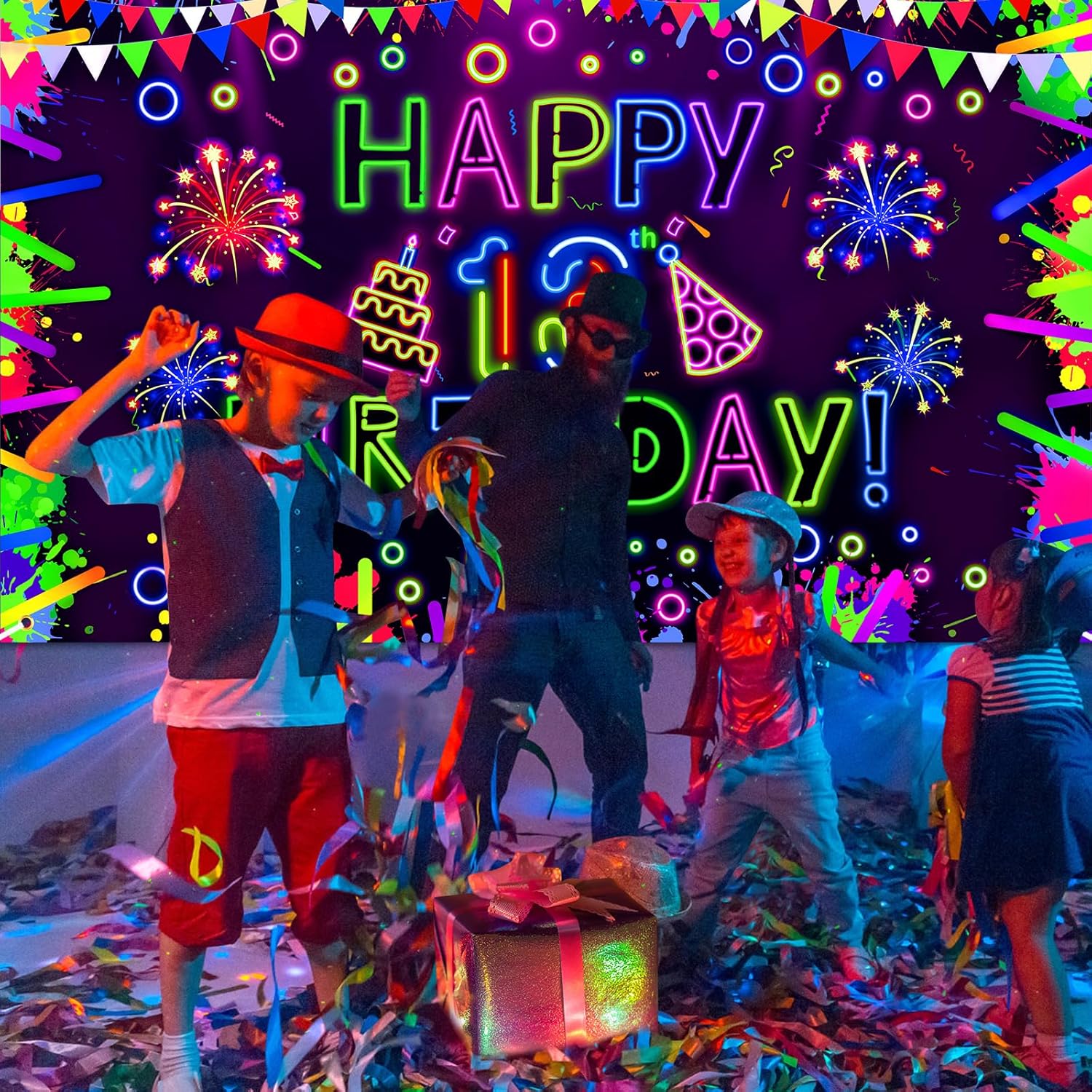 Neon Happy 13th Birthday Banner & Backdrop - Glow in The Dark Party Decorations with UV Black Light Reactive for Let Glow Neon Birthday Blacklight Halloween Party Supplies