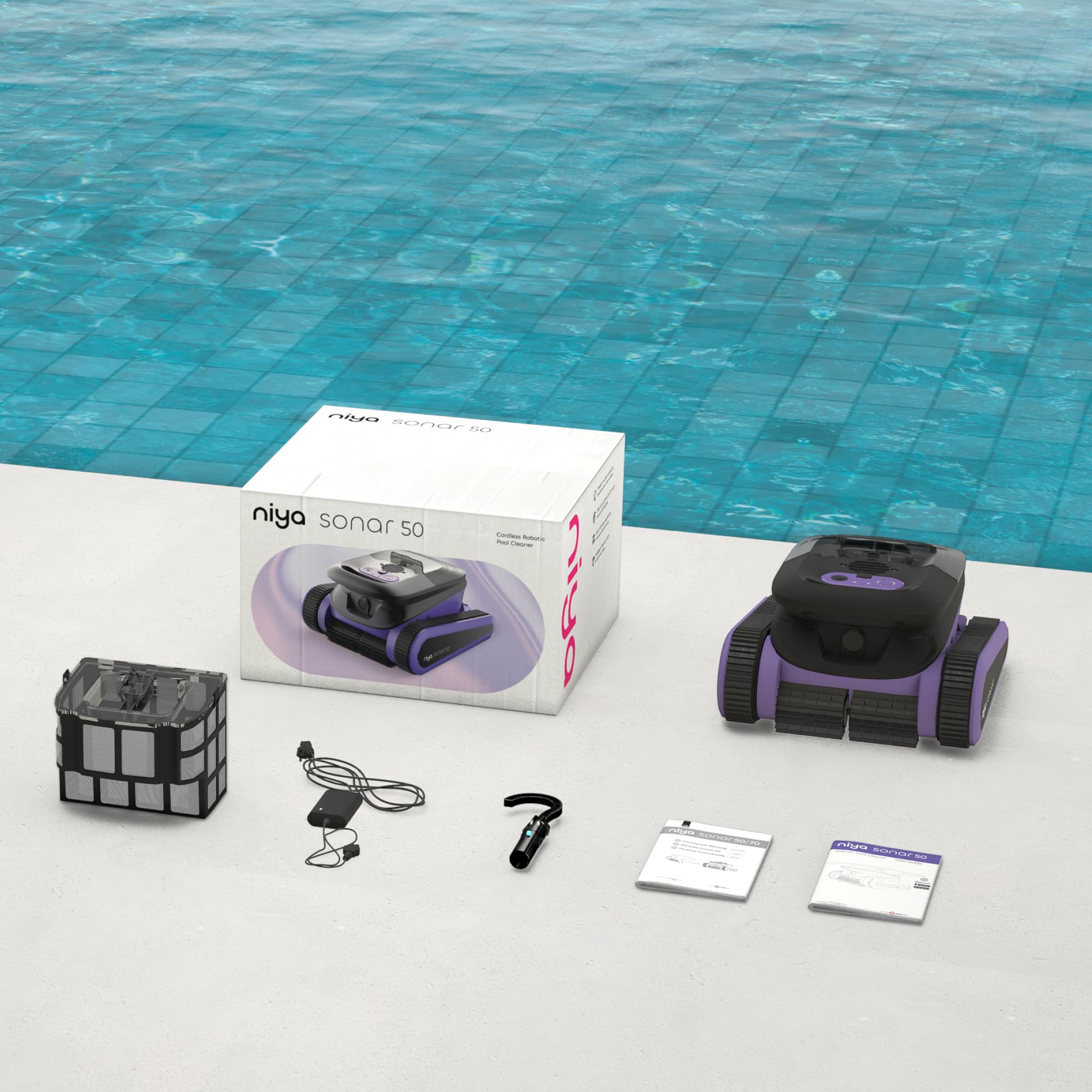 Niya Sonar 50 Robot Piscine sans Fil avec App, Navigation Intelligente, Nettoyage Ligne d’Eau, Système de Filtration Fine, pour Piscines Enterrées & Hors Sol Jusqu’à 12 m