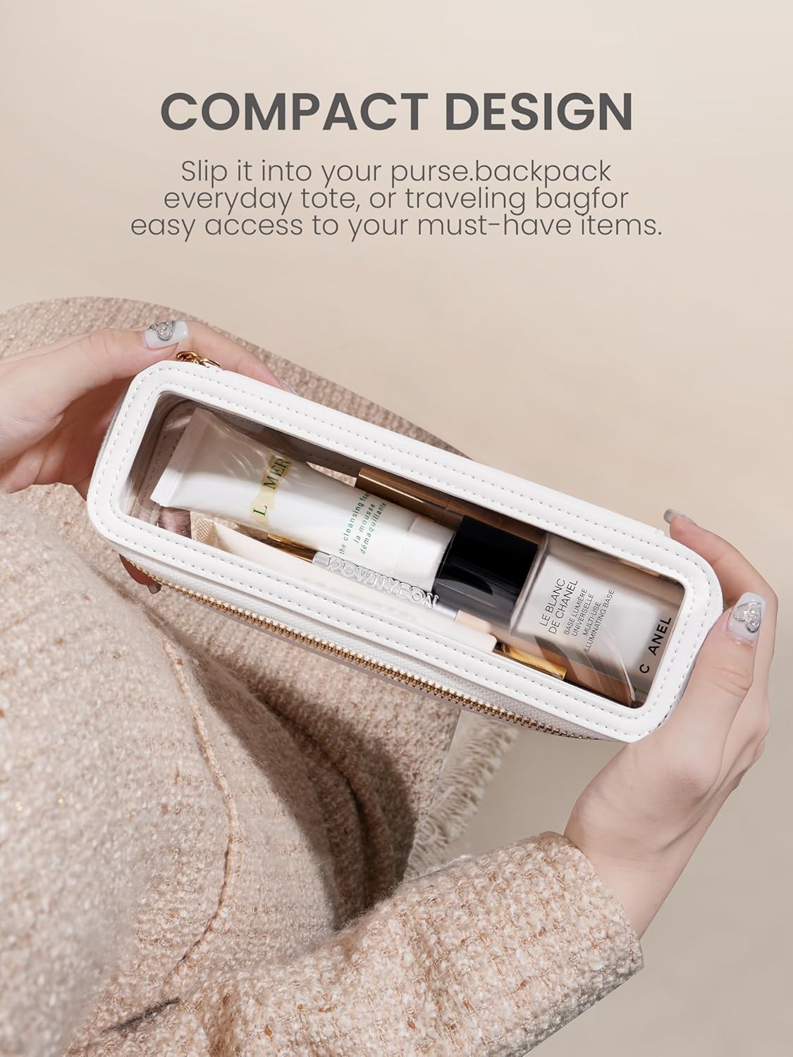 ROWNYEON Small Waterproof Toiletry Organizer Train Case, CLear Travel Makeup Bag for Women，Transparent Cosmetic Bag，Portable Makeup Case Organizer (White)