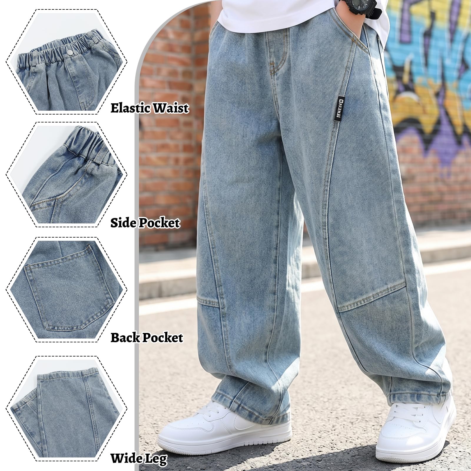 Jeans Ragazzo Baggy Loose Fit Pantaloni con Vita Elasticizzata Tasche Multiple Bambino Lunghi Denim Pants Moda Streetwear Casual Stretch Vintage Jeans per Ragazzi 7-15 Anni