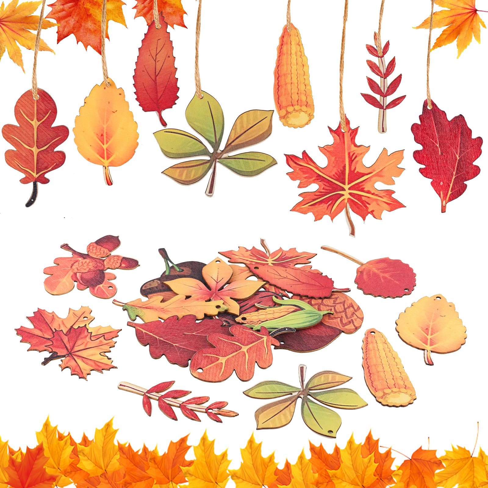Pack of 18 Wooden Maple Leaf Pendants, Autumn Decoration for Hanging with 5 m Hemp Rope, 18 Different Autumn Decoration Window Hanging, Wooden Autumn Decoration for Wedding and Party Decoration