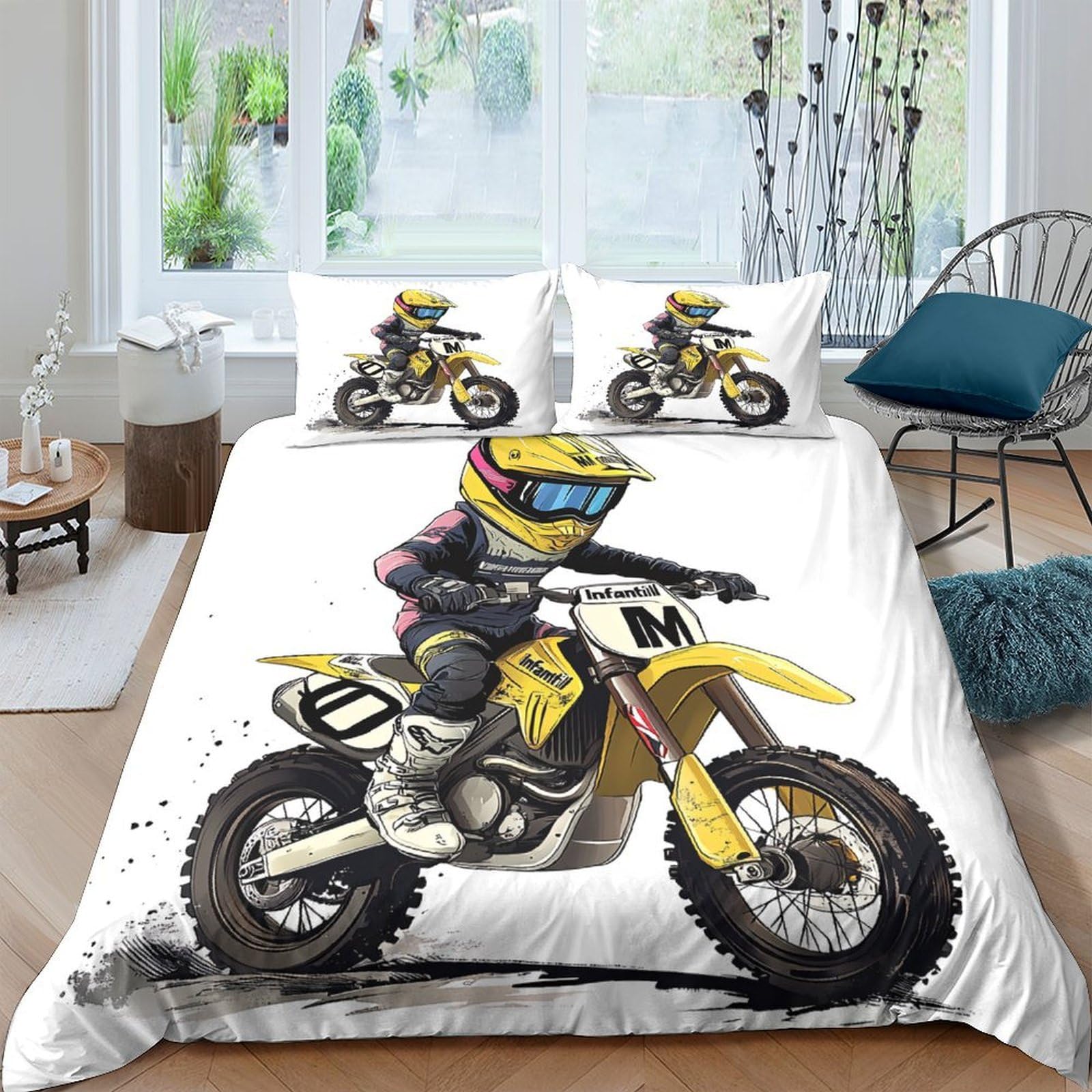 Ctjqhvkz Style-10 3D Printed Motocross Racing Fitted Sheet Microfiber Soft Breathable Yellow Bike Mattress Cover For Bedroom Dorm Decoration Single（135X200cm）