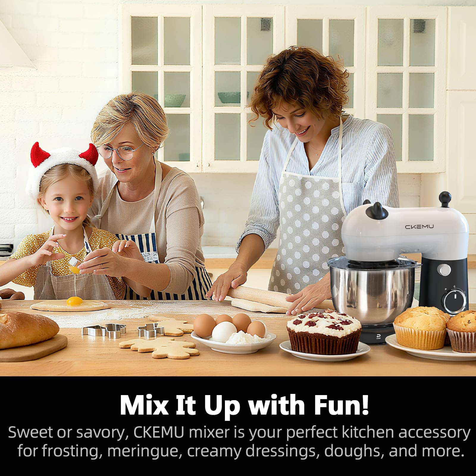 CKEMU Stand Mixer, Compact & Space-Saving, Stainless Steel Bowl, Unique & Playful Design, Effcient Motor, Dishwasher-Safe Attachments, SM-2549A (Panda) view 4