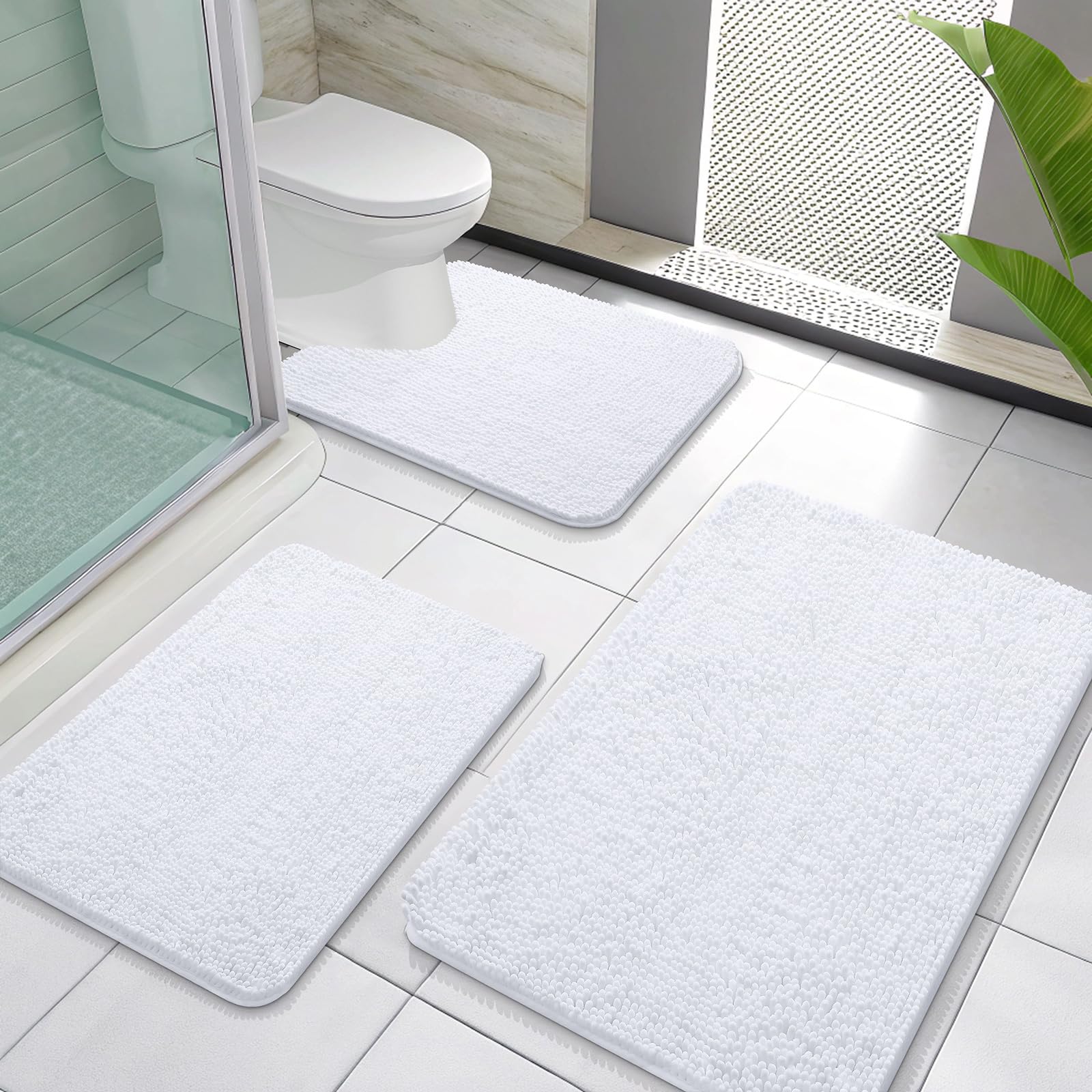 Photo 1 of OLANLY Bathroom Rugs Sets 3 Piece, Soft Absorbent Chenille Bath Mats and U-Shaped Contour Toilet Rug, Quick Dry, Home Decor Accessories, Bath Mat Set for Bathroom (30"x20"+24"x16"+24"x20", White)