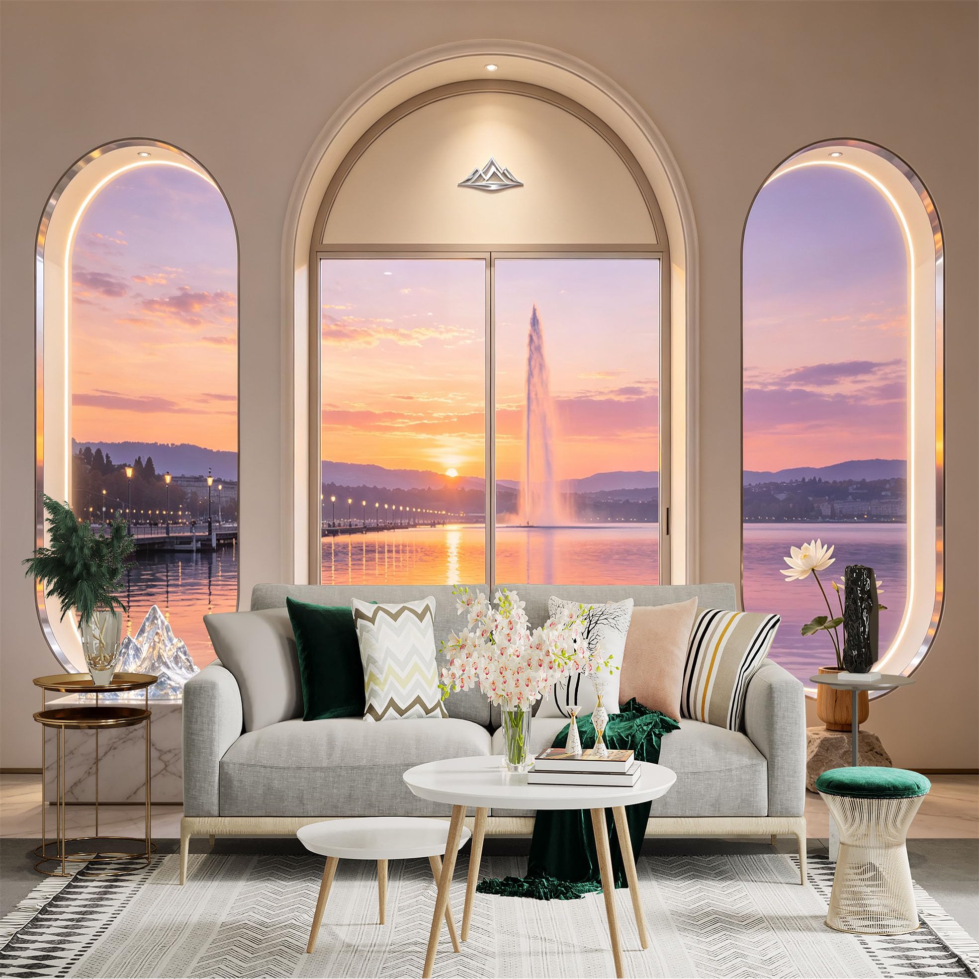 Custom Size Wall Sticker Mural， Sunset Lake View with Fountain， Arch Window Scenery， Calm Water Reflection， for wall Decoration， peelandstick wall Decals.