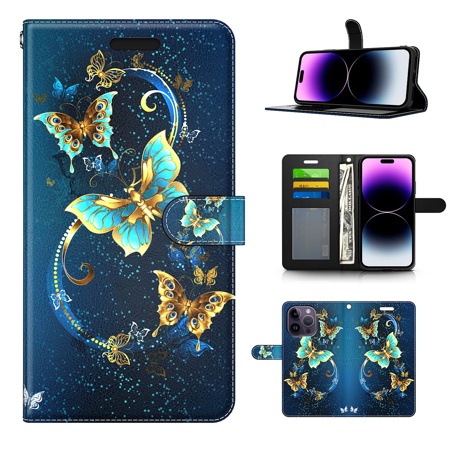KACHEN for iPhone 14 Pro Max 6.7 Case, Magic Butterfly Wallet Pouch Case PU Leather Flip Cover with Hand Strap, Credit Card Slots Hybrid Cell Phone Case for Women Girls