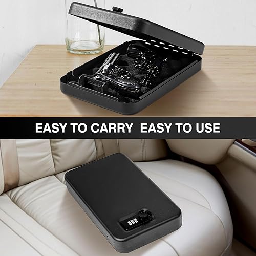 Miniatura 7 de Caja fuerte para pistola pequeña portátil con cerradura de combinación, segura para pistola para automóvil, hogar, viajes, 9.4 x 6.6 x 1.8 pulgadas,