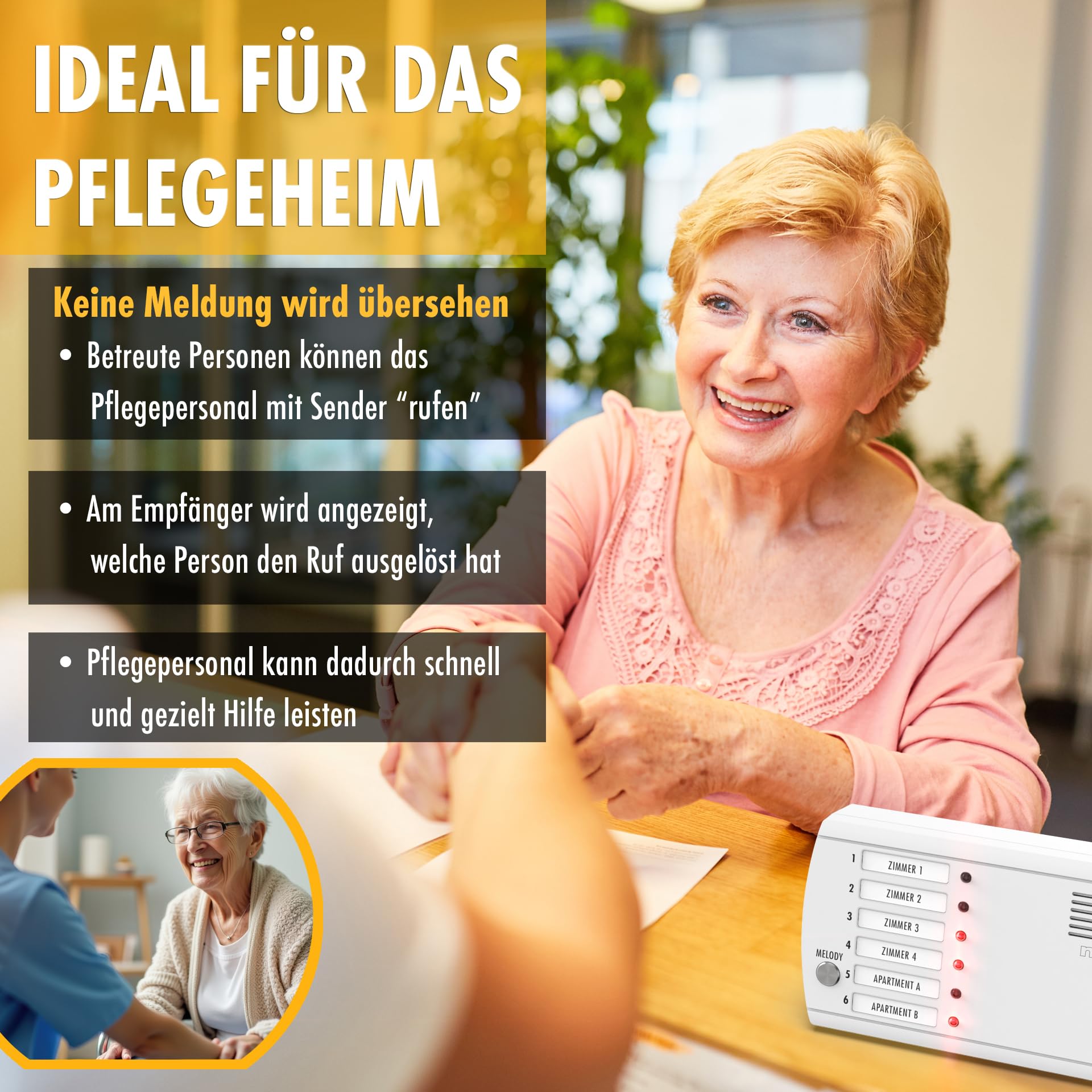 m-e FRS-106 | Funk-Rufton-System mit 6 Sendern + 1 Empfangszentrale | 6 Funk-Klingeln mit 1 Zentrale | Für bis zu 6 Personen, Räume oder Eingänge | Notrufsystem