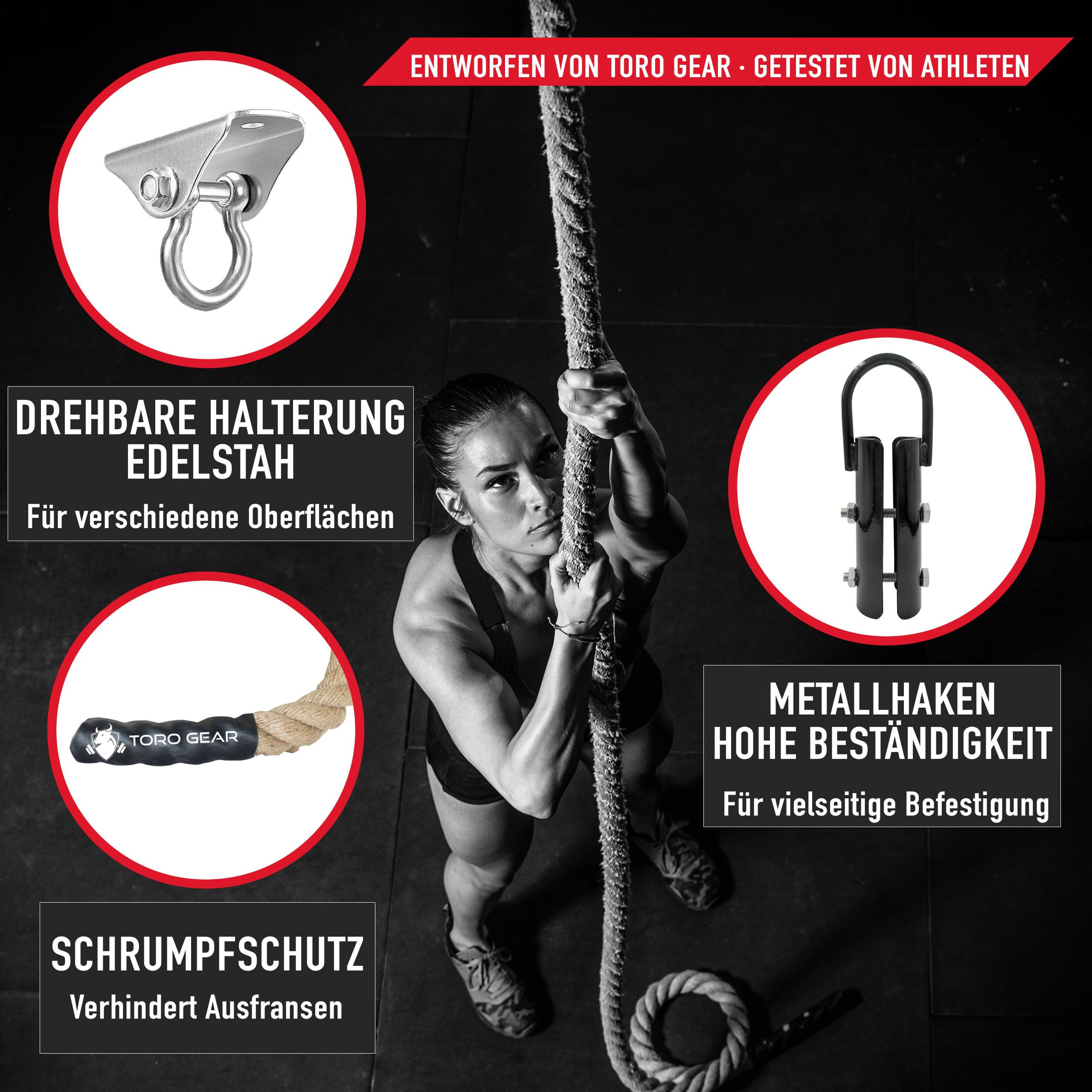38 Millimeter Juteseil zum Klettern, 3-6 Meter | Kletterseil mit Karabinerhaken und Aufhänger für Crossfit, Fitness, Fitnessstudios und Feuerwehrtraining (38 mm X 3,5 m)