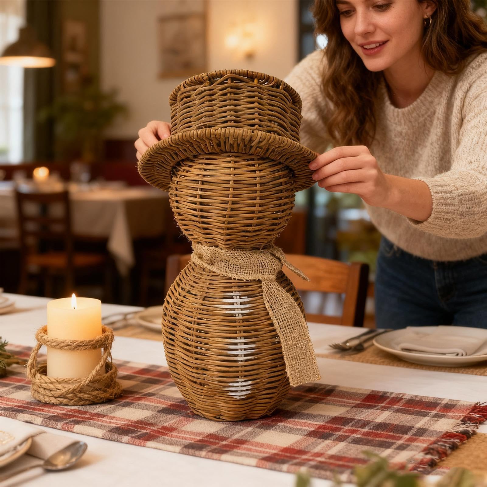 Statuine di Pupazzo di Neve Centrotavola In Rattan Finto