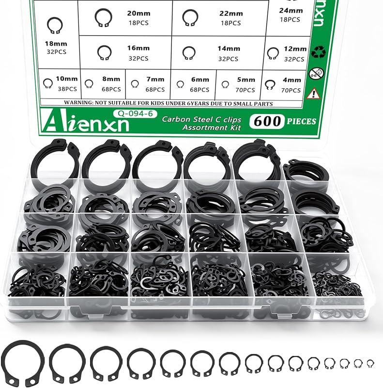 600PCS C Clips Assortment Kit (M4-M28), 15 Sizes External Retaining Rings, Black Carbon Steel Snap Ring Kit