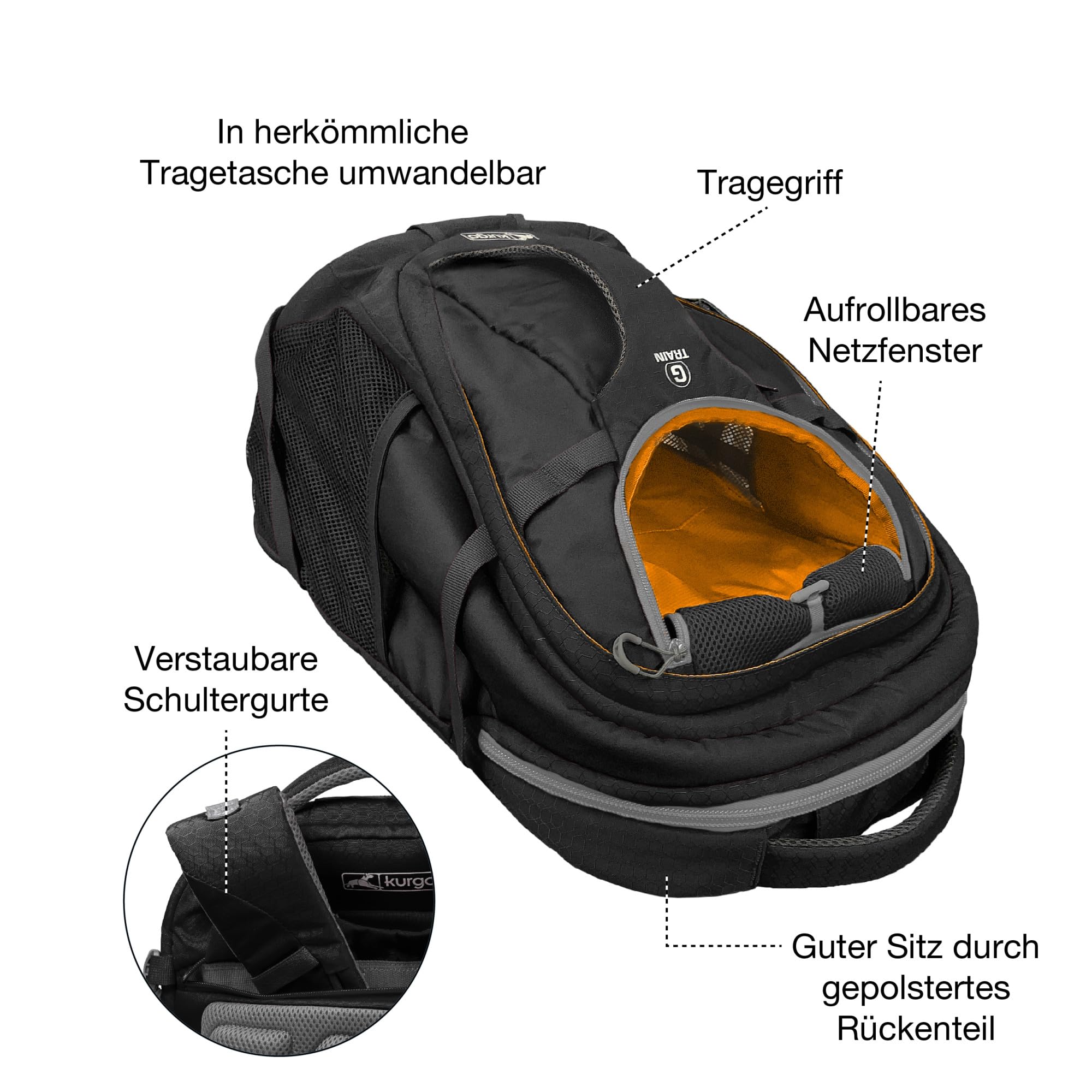 Kurgo G-Train Hundetransportrucksack - Bequeme Reisetasche für Hunde bis zu 11 kg - Wasserdichter Boden - Rucksack mit mehreren Fächern - Wanderzubehör, Robuster Abenteuerrucksack - Schwarz