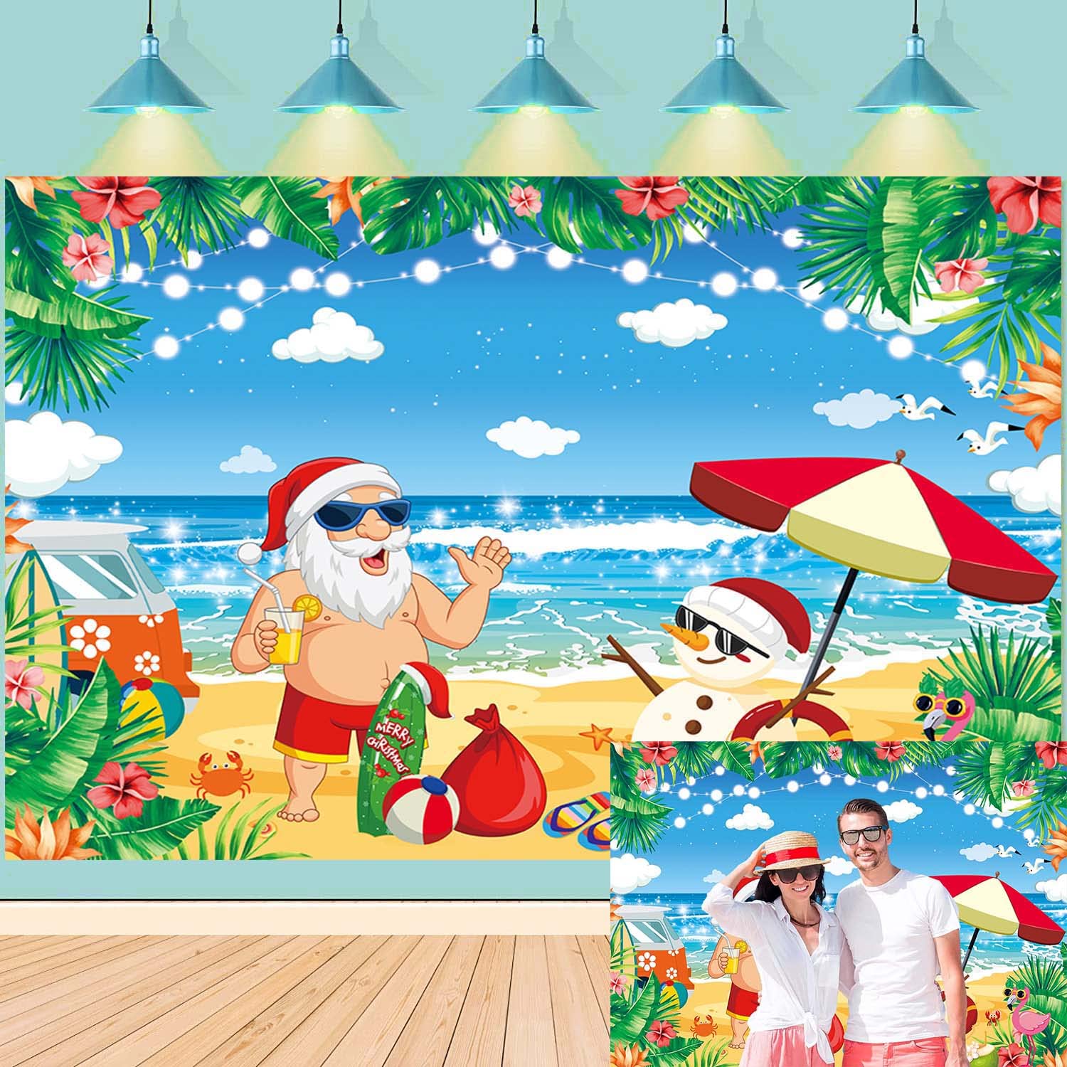 Photo 1 of Christmas in July Backdrop July Christmas Party Decorations Summer Tropical Beach Photography Background Santa Gifts Snowman Holiday Portrait Photo Props (7x5FT)