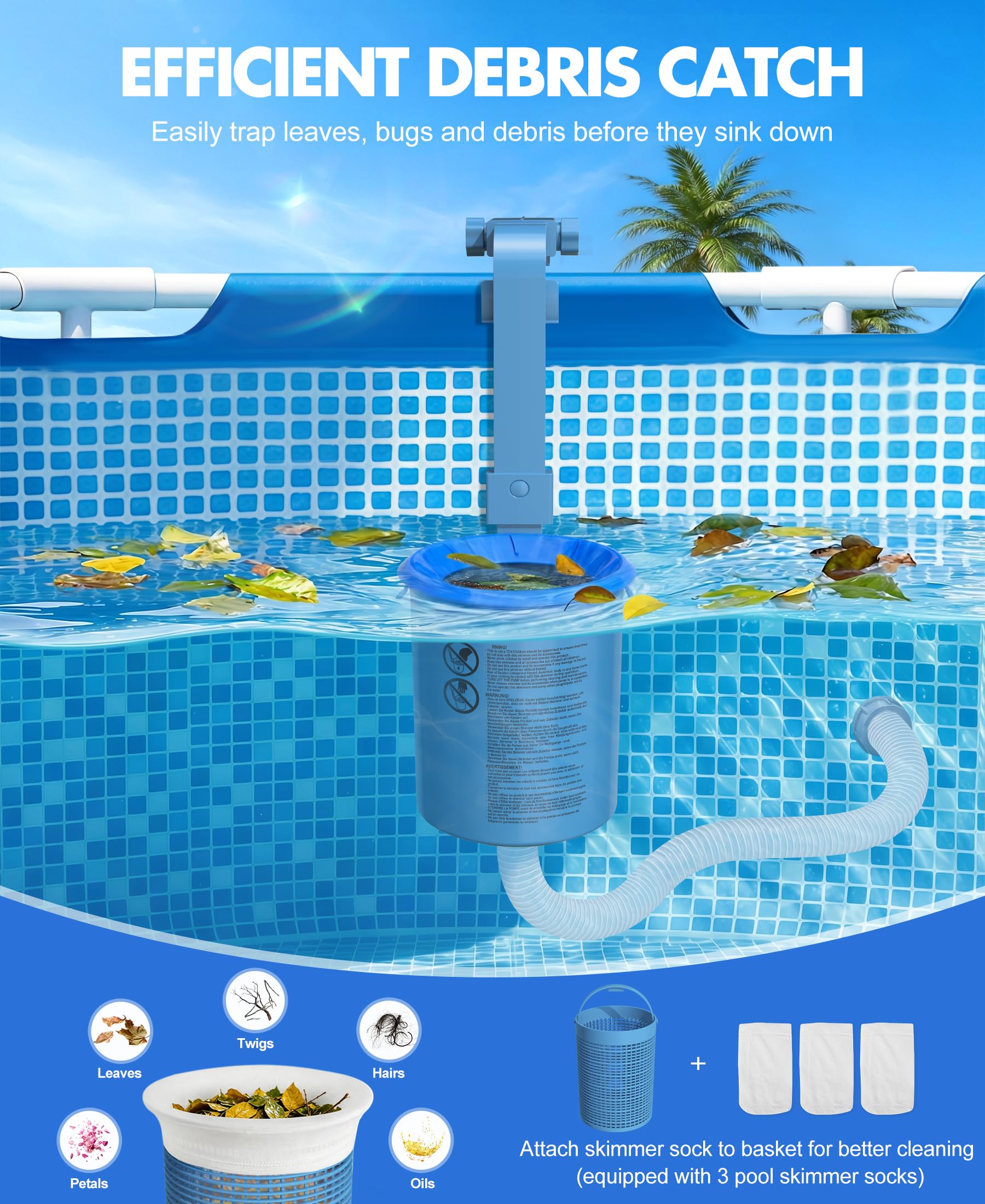 KIrSwp 2026 - Skimmer de piscina sobre el suelo con 3 calcetines de skimmer | Skimmer de superficie de montaje en pared, soporte mejorado - Antiinclinación | Cesta flotante extraíble para piscina